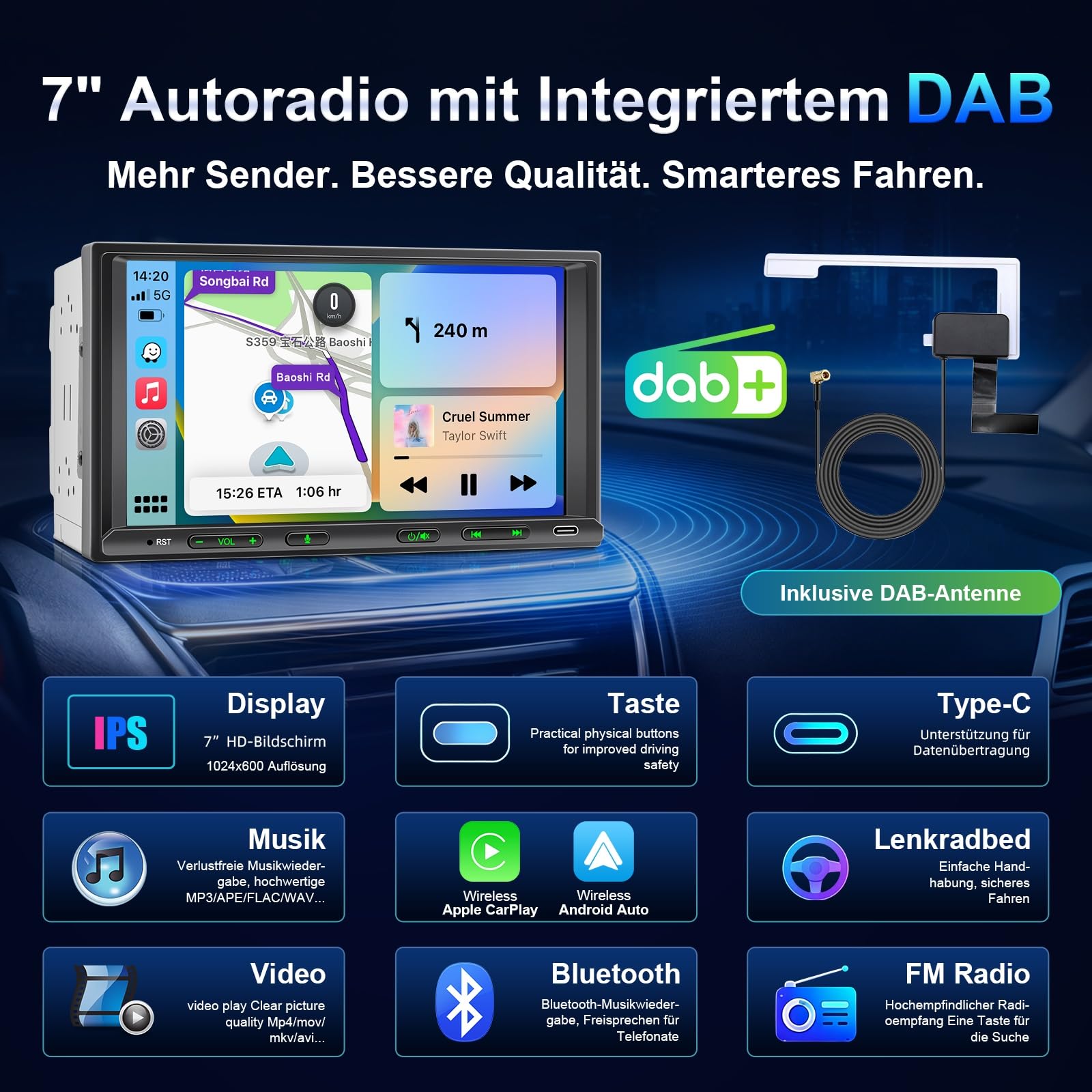 Autoradio 2 Din con Wireless Carplay & Android Auto 7 Pollici Touchscreen Stereo Auto Radio DAB, Bluetooth