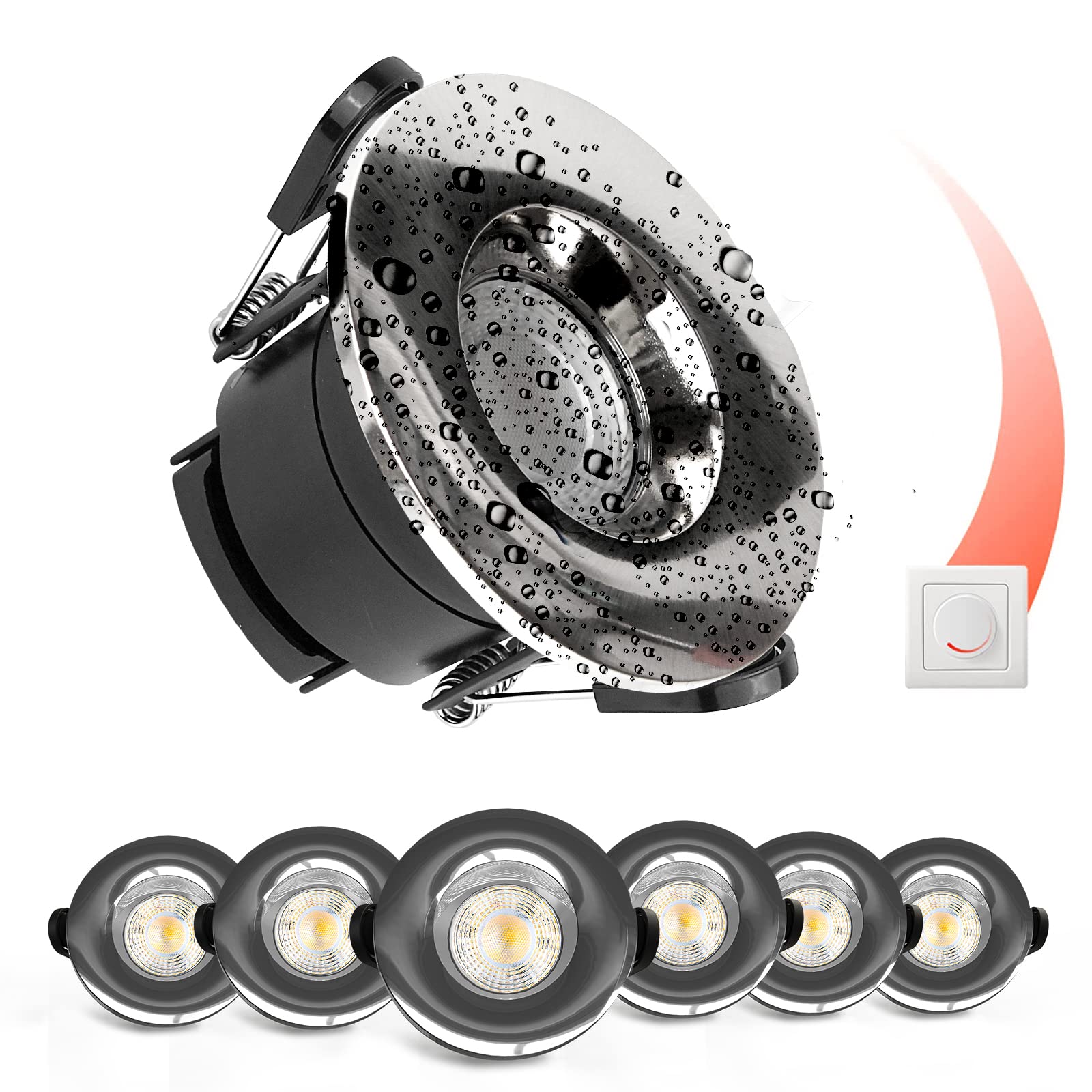 paul russells LED Recessed Downlight, Dimmable Warm/Cool/Day White 3 Adjustable CCT, 6Watt, IP65 Water, Dust & Fireproof Round Spotlight with Fixed Bulb and Chrome Bezel Ceiling Lights, 6 Packs