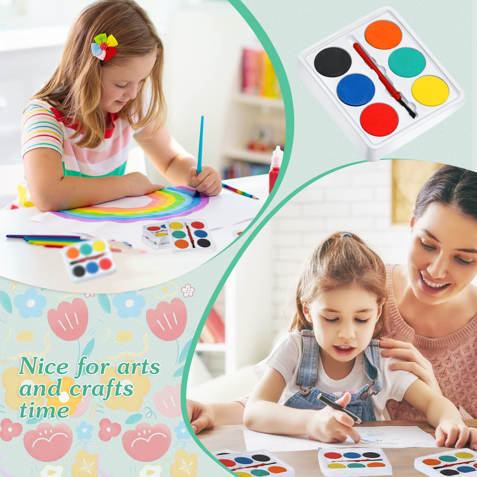 Outus Set di 144 mini colori ad acquerello, lavabili, tavolozza per acquerelli, con pennelli per pittura, forniture artistiche per feste, premi, calza della Befana, 8,4 x 6,6 cm (6 colori)