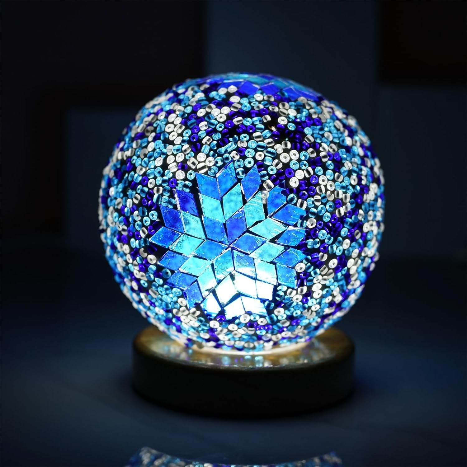 Boho Blue Mosaic Lamp Vintage Retro Stained Turkish Moroccan Bohemian Tiffany Bedside Colorful Handmade Glass with Wood Base USB Charge Decor Light for Bedroom Ambient Living Room Farmhouse