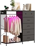 Commode 6 Tiroirs pour Chambre avec Rack Suspendu, Lumières LED et Station de Charge, Coffre de Rangement en Bois avec Station de Charge et Lumières LED, Panneau en Grille, Placard
