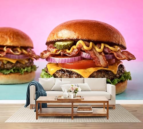 Wall Mural Peel and Stick Close up Homemade Bacon Cheeseburgers