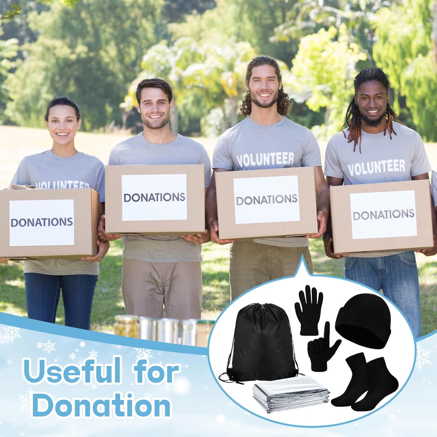 60 Pcs Homeless Care Package Supplies Winter Beanie Gloves Sock Drawstring Bags Emergency Blankets for Men Women - Image 3