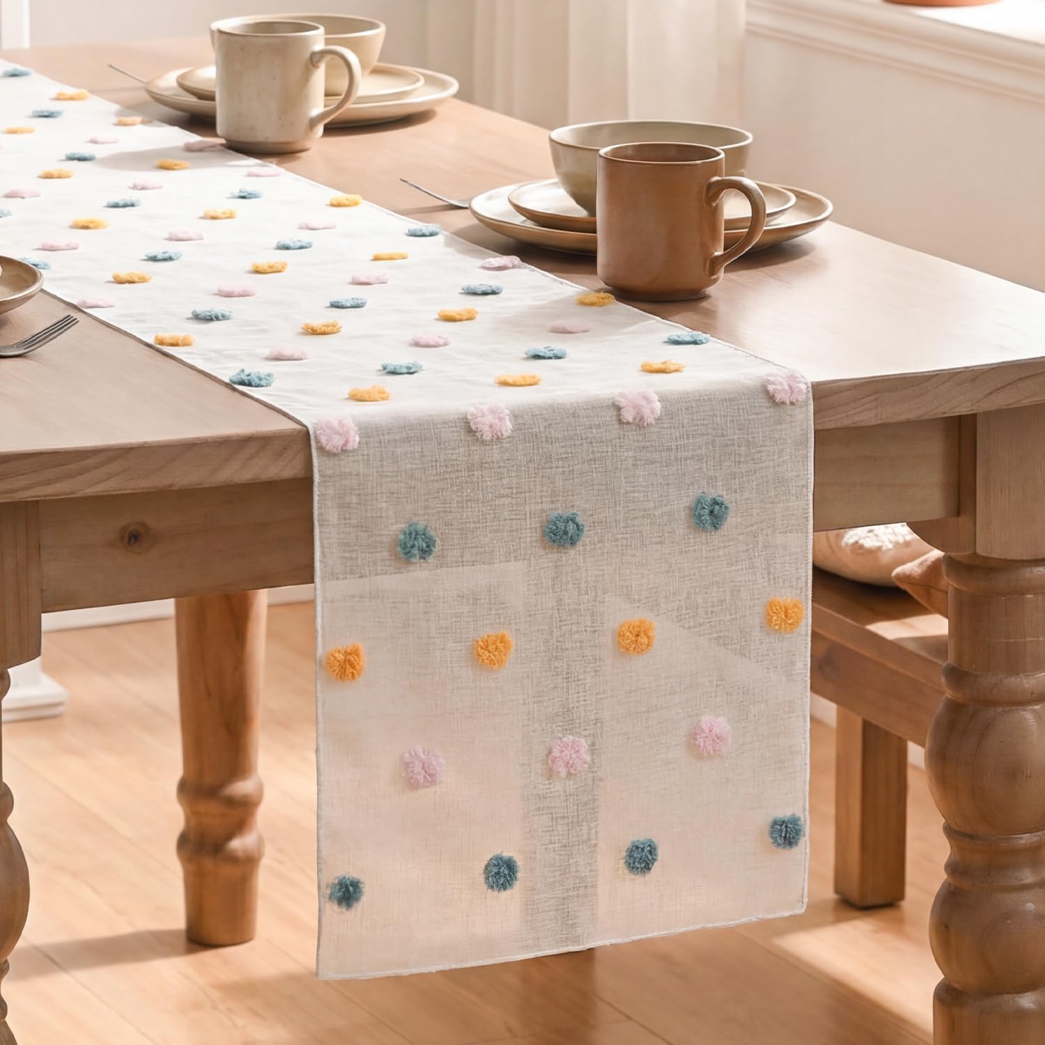 Artoid Mode Pink Blue Yellow Pom Pom Tulle Table Runner, Seasonal Washable Kitchen Dining Table Decoration for Home Party Decor 12x72 Inch