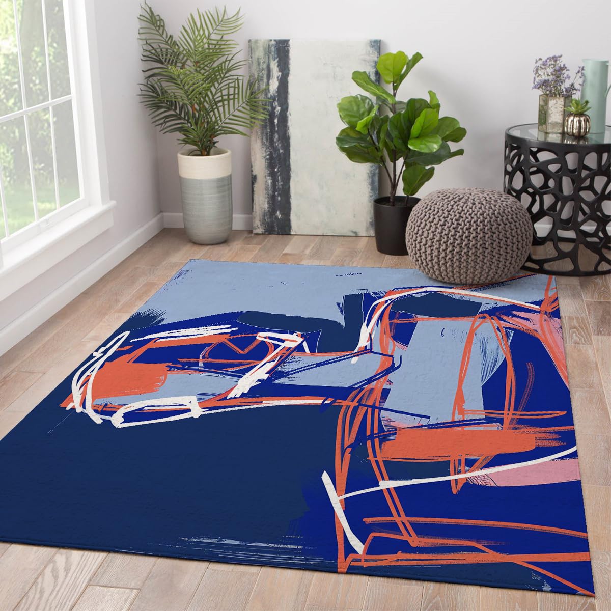Tapis d'art contemporain bleu 200x300cm aux lignes de design abstrait raffiné