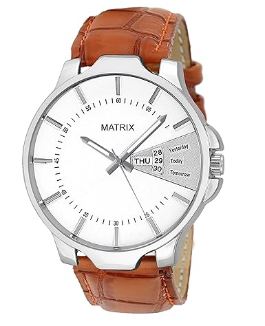 Analogue White Dial Brown Leather Strap Day & Date Function Boys & Men Watch - (Dd-Wh-Lth-1)