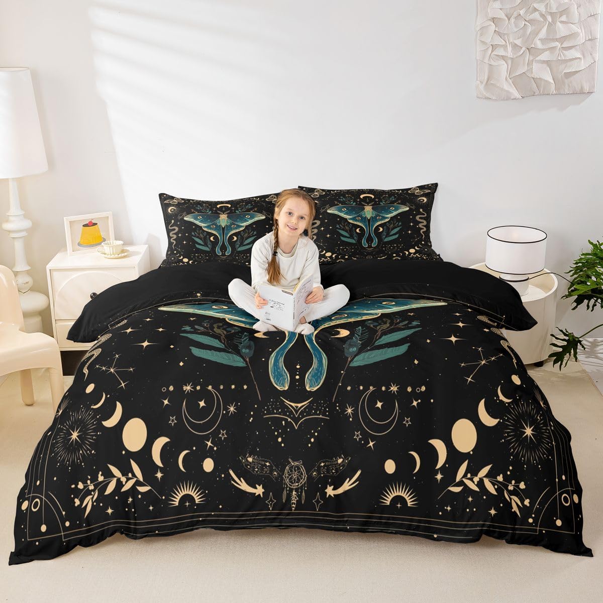 Erosebridal Teal Moth Duvet Cover Queen Gold Moon Phases Bedding Set Boho Florals Comforter Cover for Kids Girls Boys Adults Mystical Starry Galaxy Aesthetic Bed Set