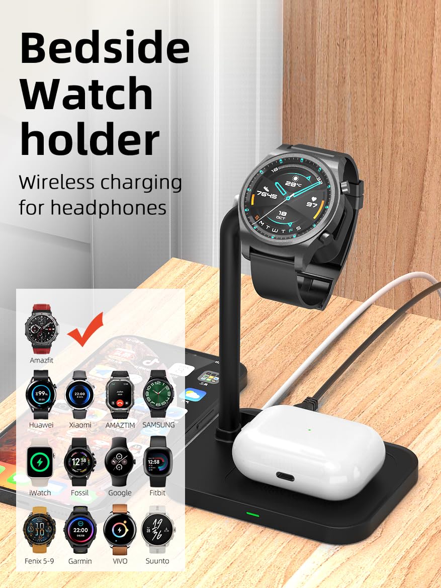 Support de montre 2 en 1 - Chargeur sans fil compatible avec iPhone/Huawei/Samsung/Airpods - Support pour montre connectée Samsung Galaxy, LG, Garmin, Google (montre non incluse) - Noir
