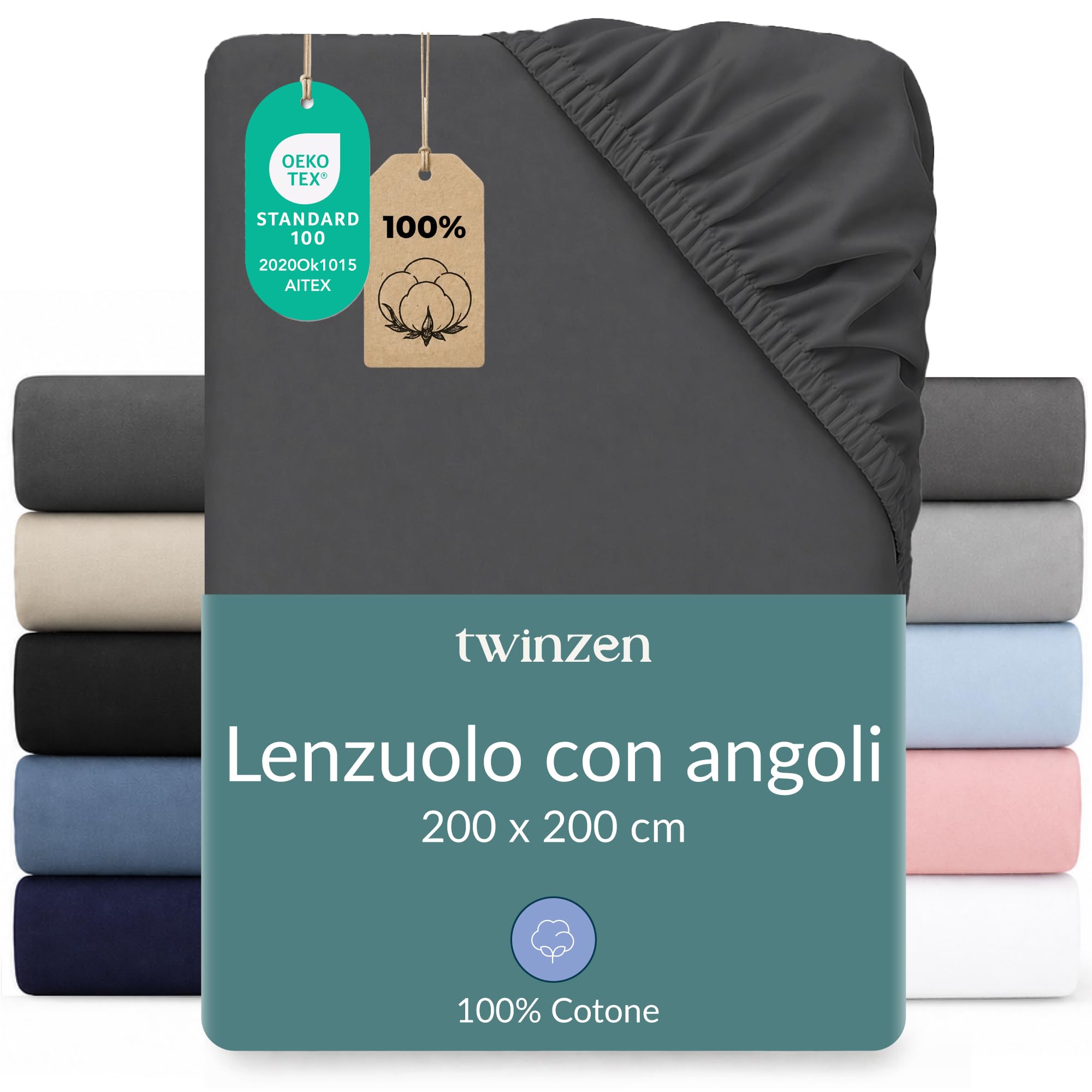 Twinzen Lenzuola Matrimoniali Cotone 200 x 200 cm - 100% Cotone Jersey, Grigio Scuro - Oeko Tex Certificato - Lenzuolo con Angoli Matrimoniale 200 x 200
