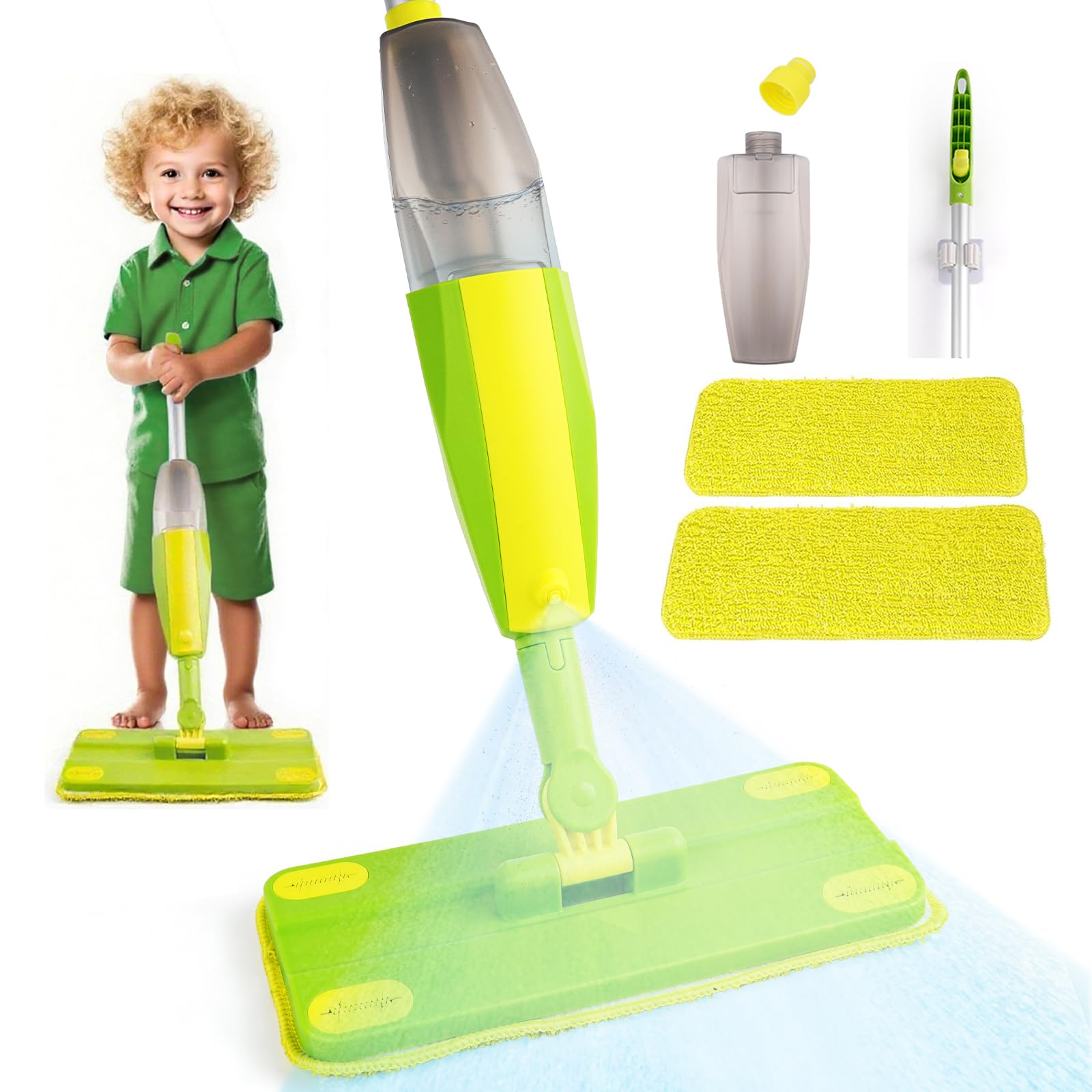 Lullulii Kids Spray Mop, Fun & Functional Toddler Mop Cleaning Set,Real Working Mini Mop, Pretend Play Toy –Includes Spray Bottle,Washable Microfiber Pads, Montessori Kids Cleaning Toy Set -Green