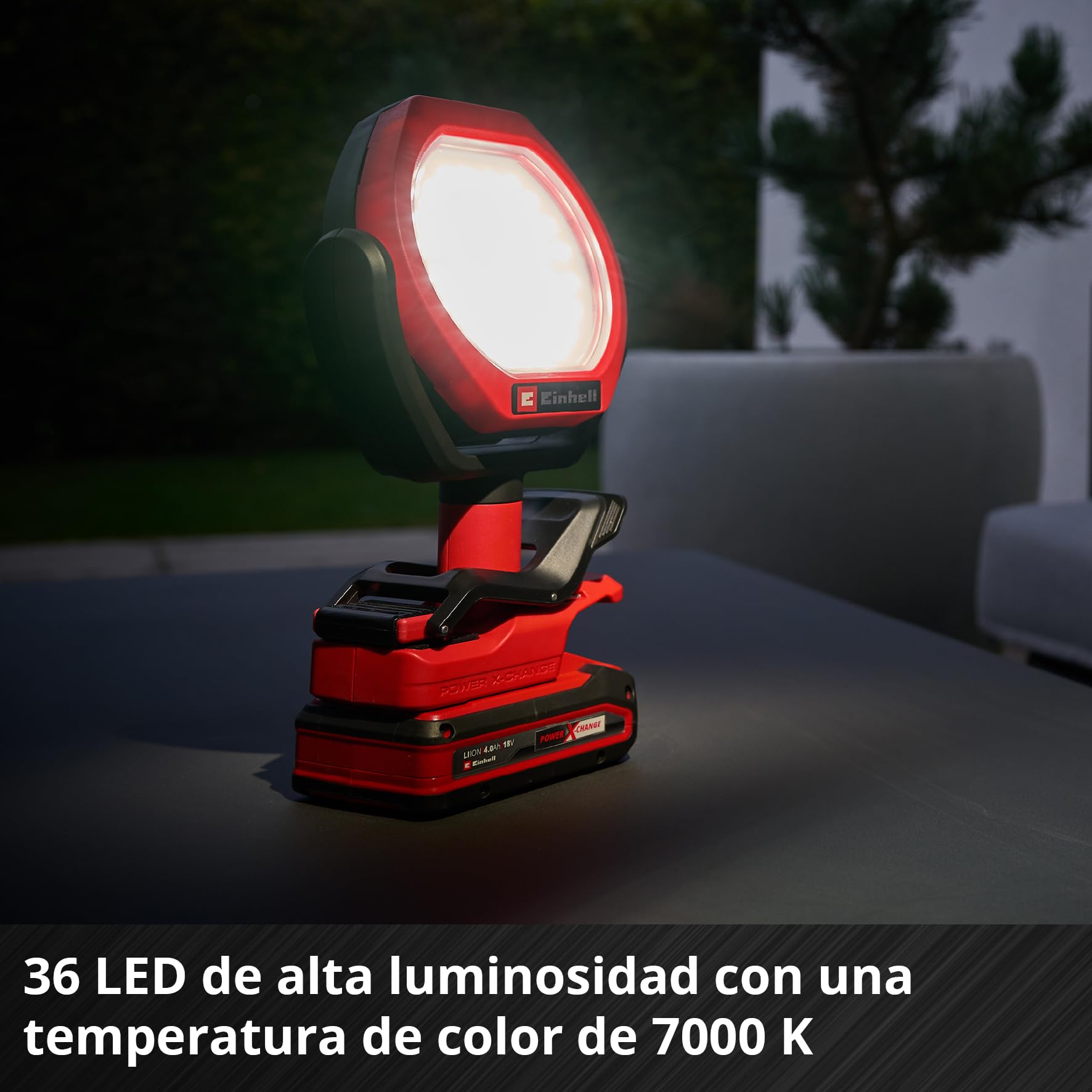 Lámpara de exterior con batería GC-OL 18/1500 Li-Solo Power X-Change de Einhell (18 V, 1500 lm, 7000 K, alcance de 4 m, cabezal pivotante y giratorio, 3 niveles de brillo, sin batería)