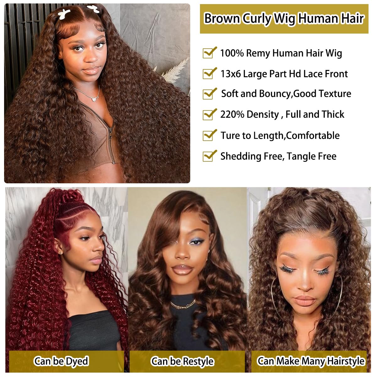 BIANFA 30 Inch Chocolate Brown Deep Wave Lace Front Wigs Human Hair 220 Density 13x6 HD Lace Frontal Wig Curly Human Hair Pre Plucked Wig for Women Brown Glueless with Natural Hairline - Image 3