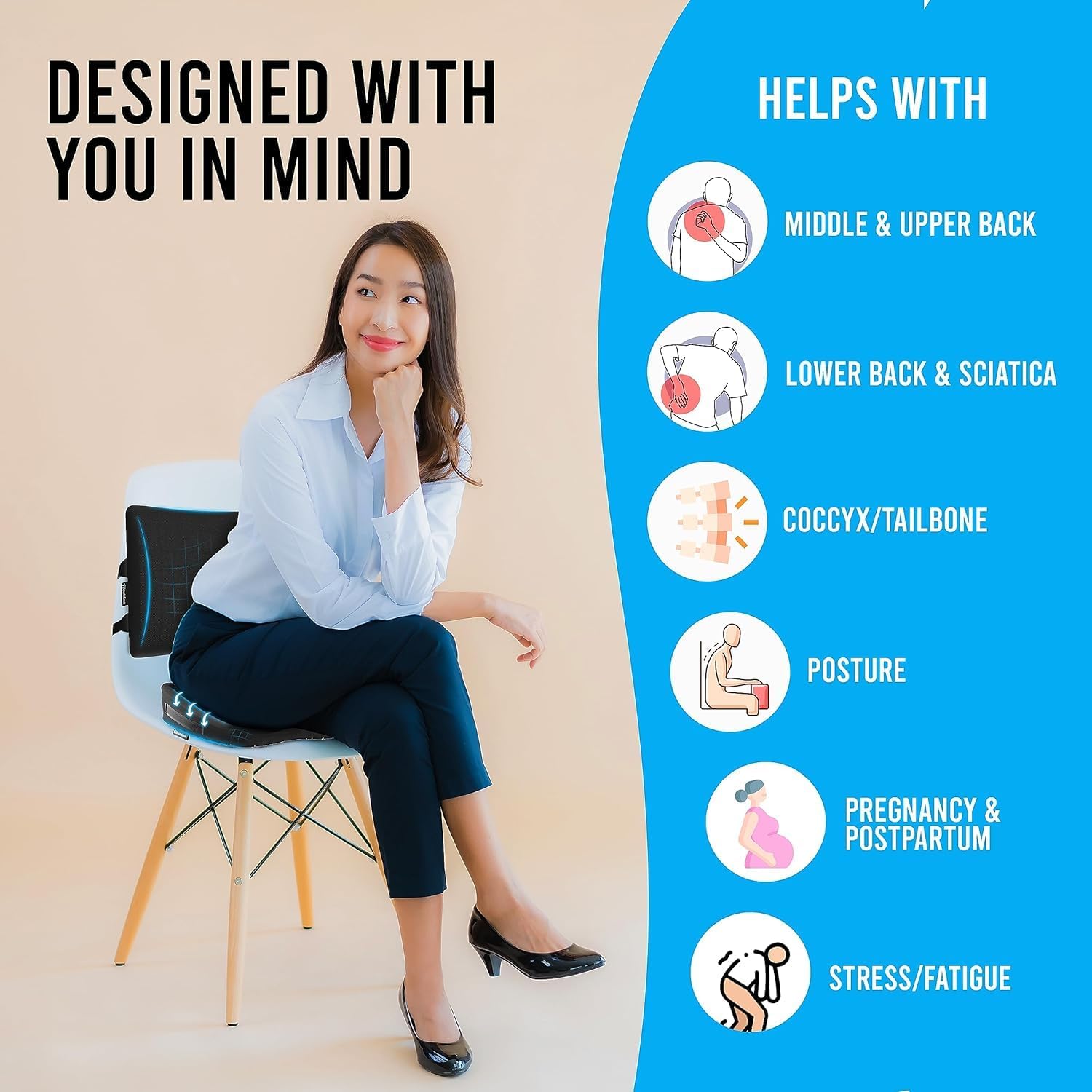 Orthopedic Seat Cushion and Lumbar Support Pillow for Office Chair & Car, Memory Foam with Washable Cover Ergonomic Desk Chair Cushion for Tailbone, Lower Back Pain, Sciatica Relief