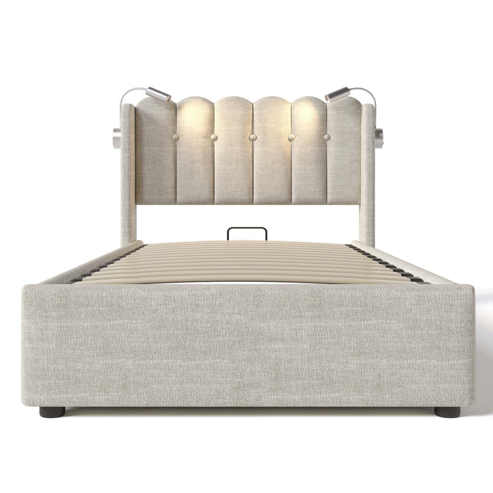 PUGSDRLY Lit Capitonné,Lit D'adolescent en Lin 90 * 200cm,Rembourré Tête de Lit avec Lumière de Lecture et Fonction de Chargemen,Cadre de Lit Moderne avec Espace de Rangement,Naturel (sans Matelas)