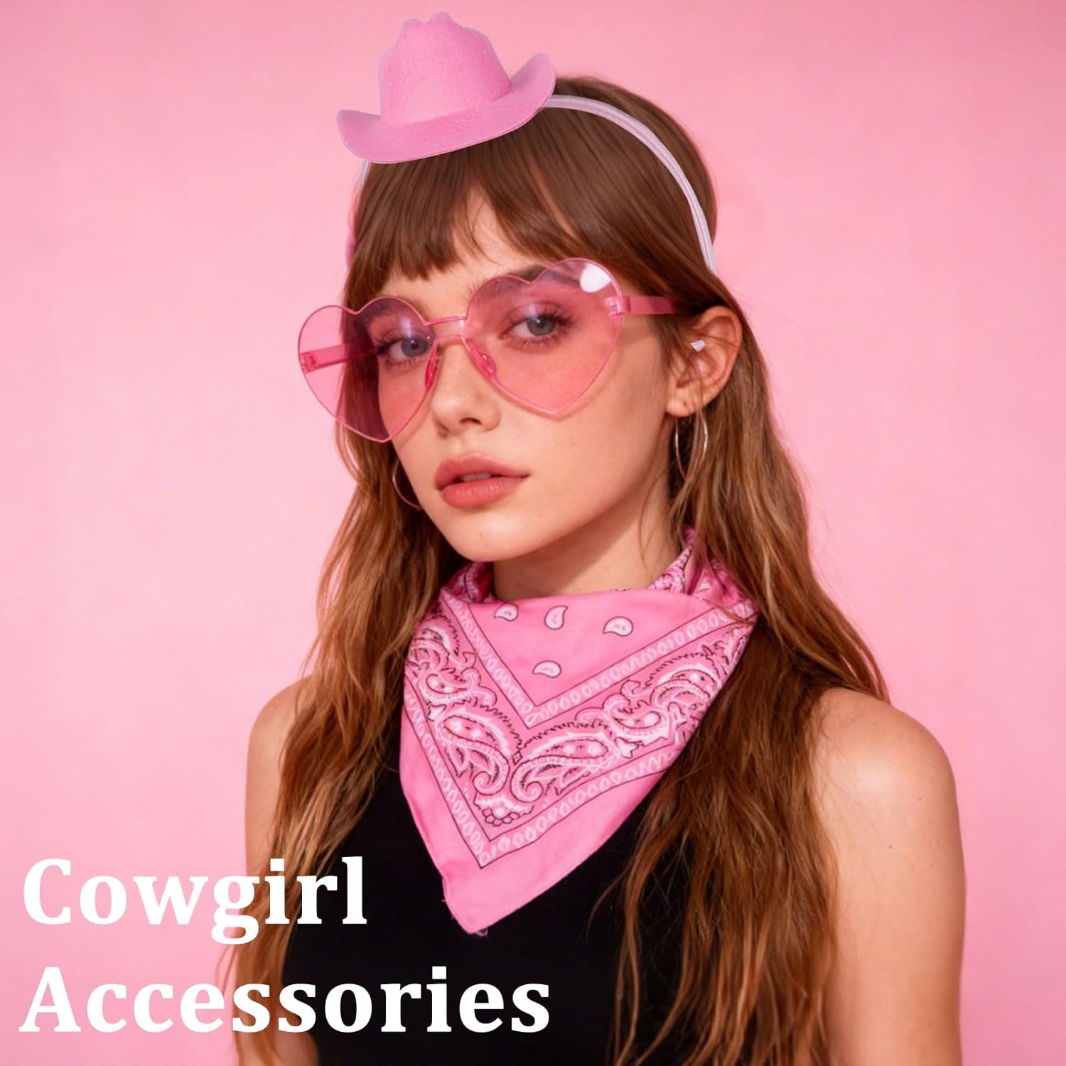Pink Cowgirl Hat Cowgirl Accessories for Women, Cowboy Hat Headband with Heart Shaped Glasses and Bandana Scarf set, Birthday Party Costume Set for Cosplay Theme Music Festival Western Style - Image 5