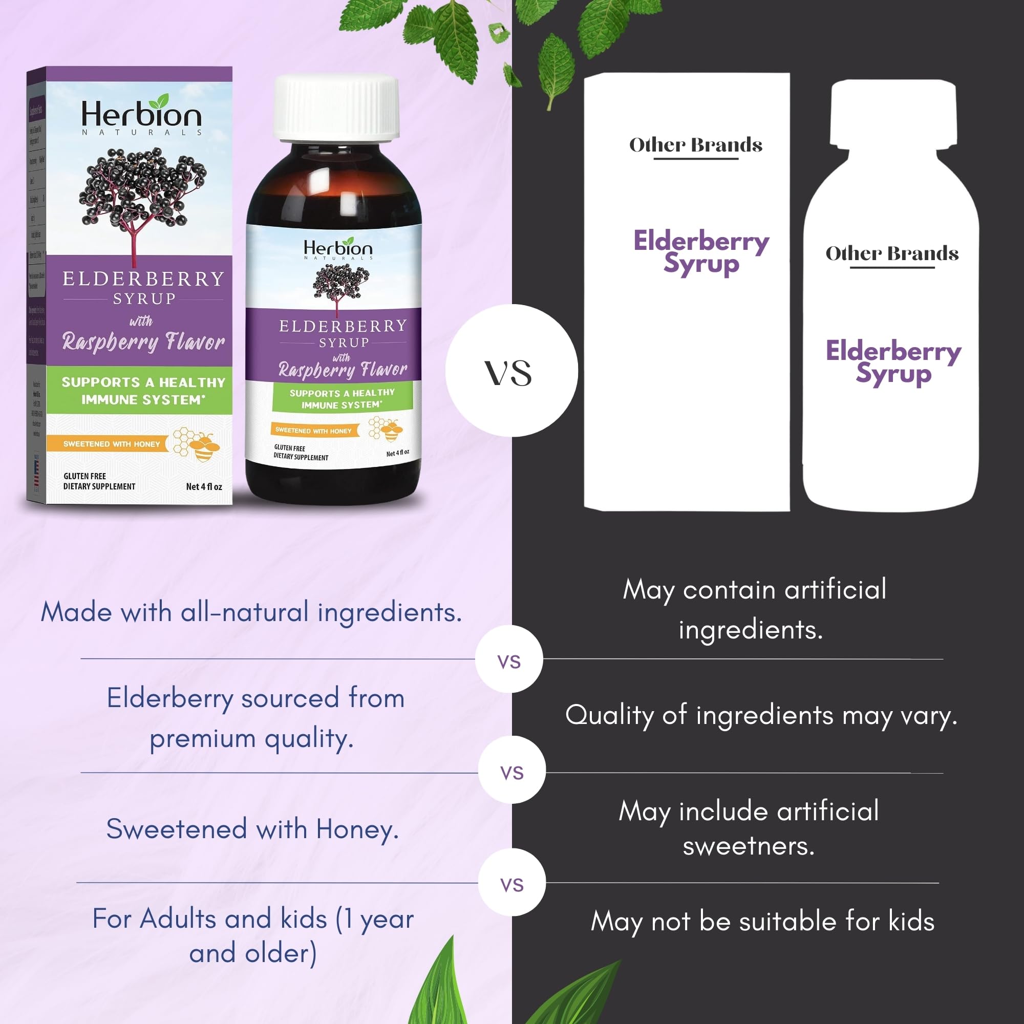 Herbion Naturals Vlierbessensiroop, honing gezoet met natuurlijke frambozensmaak, gemaakt in de VS, 4 FL Oz