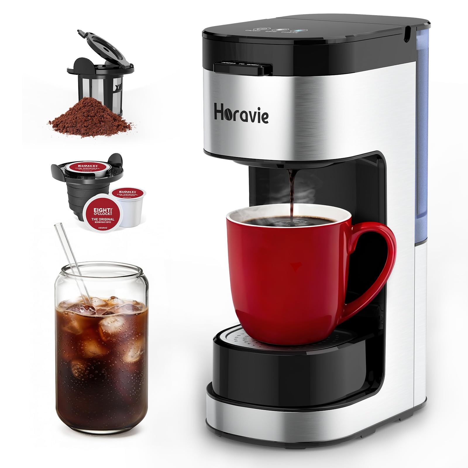 Photo 1 of ***ISSUES WITH LID CLOSING (WON'T CLOSE)*** Horavie Single Serve Coffee Maker, Hot and Iced Coffee Maker for K Cup and Ground, 6 to 14 Oz Brew Sizes Single Cup Coffee Maker with Descaling Alert, Ideal for Home, Travel, RV and Dorm,Black