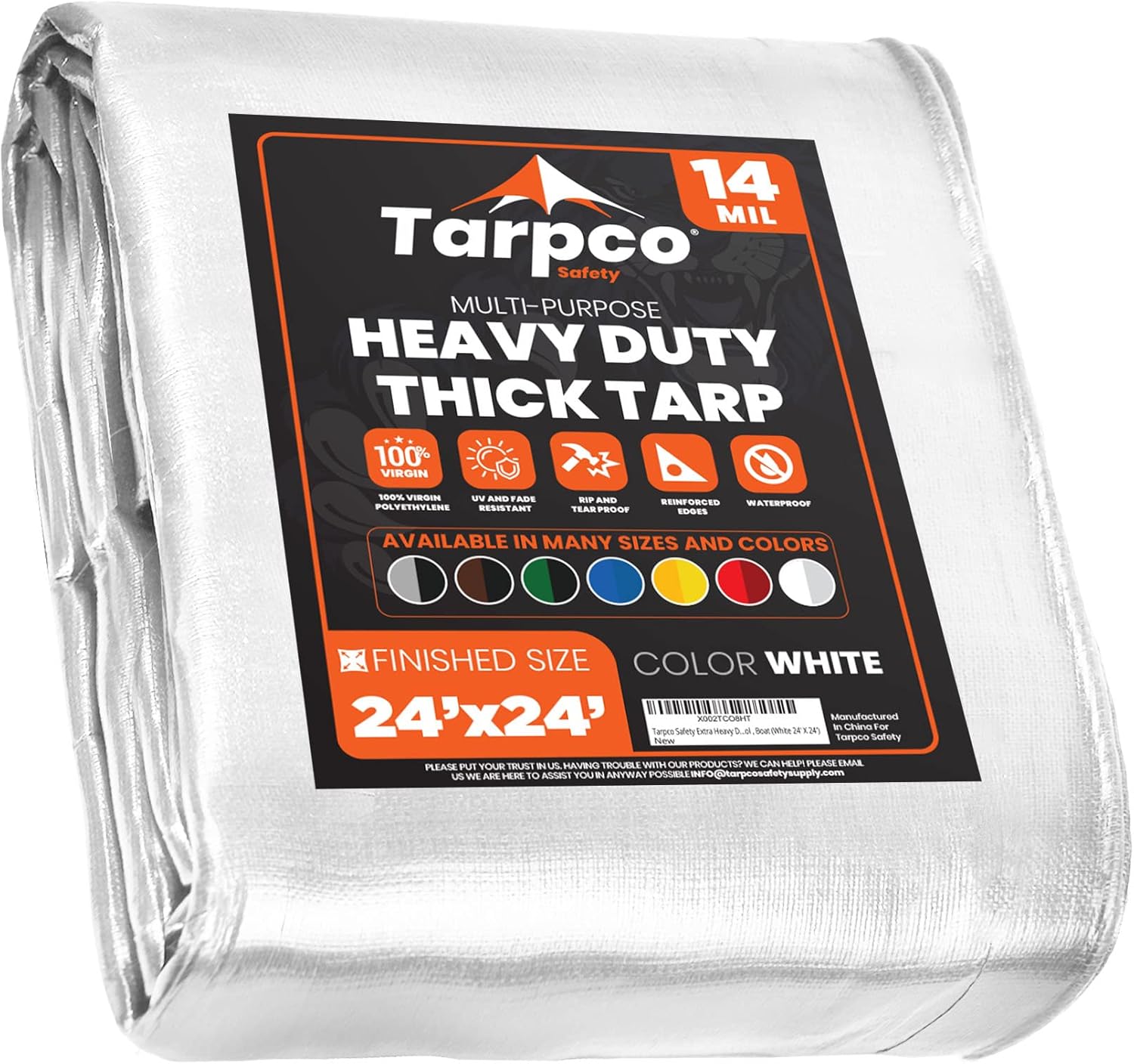 Tarpco Safety Extra Heavy Duty 14 Mil Tarp Cover, Waterproof, UV Resistant, Rip and Tear Proof, Poly Tarpaulin with Reinforced Edges for Roof, Camping, Patio, Pool, Boat (White 24 X 24)