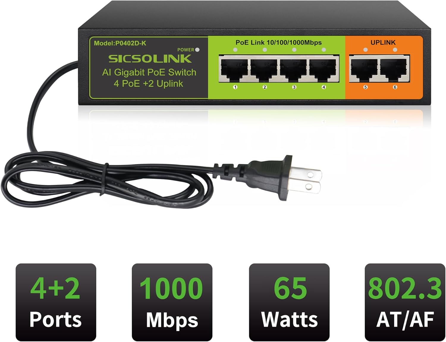 Gigabit 6 Ports PoE+ Switch (4 PoE+ Ports, 2 Uplink), 802.3af/at, 65W Total Power, 1000Mbps, Unmanaged, Fanless, Metal Case, Suitable for IP Cameras & Networking Devices