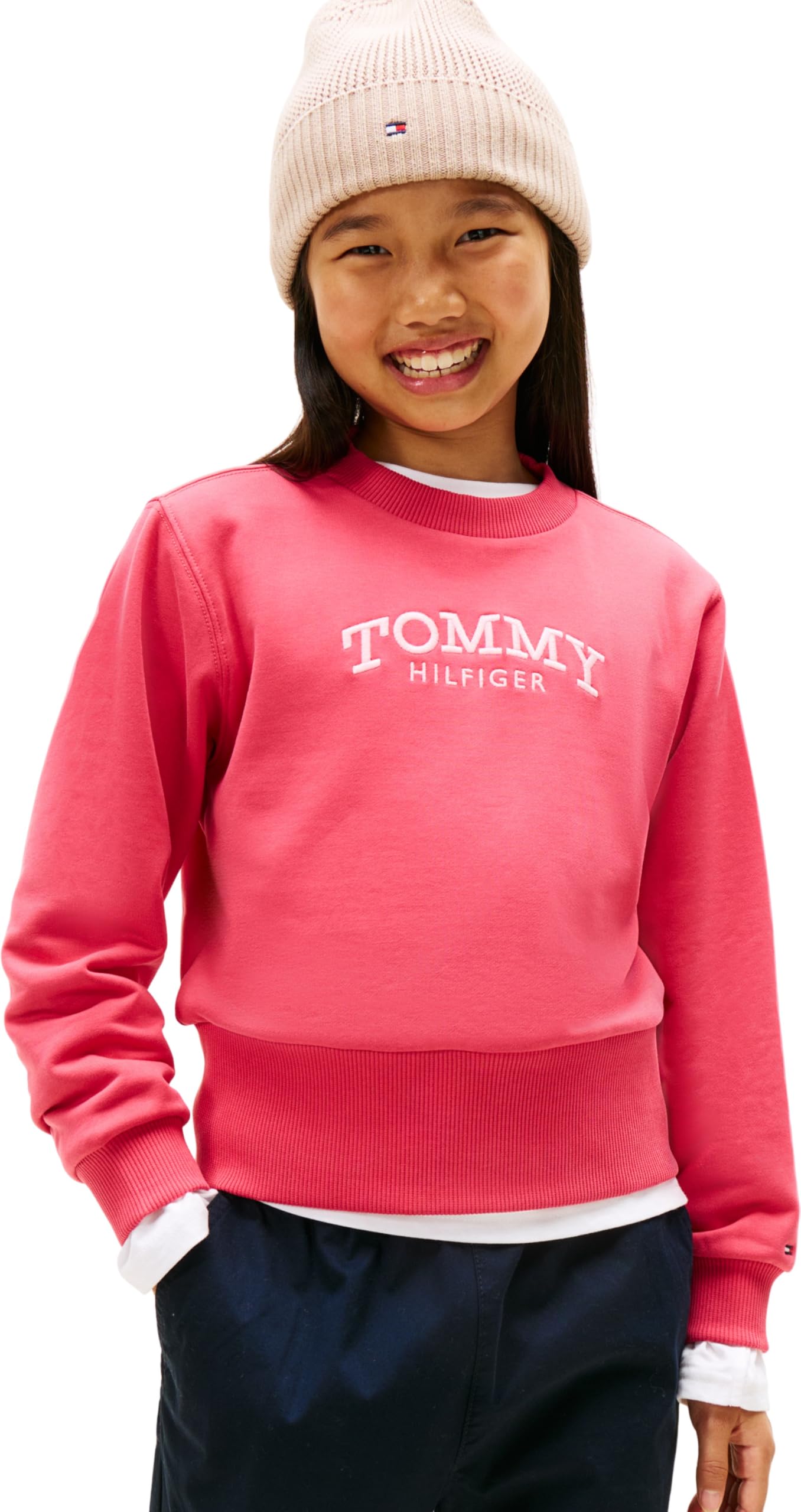 Tommy Hilfiger Girls High Rib Hem Crew Neck, Pink, Size Age: 7 Years