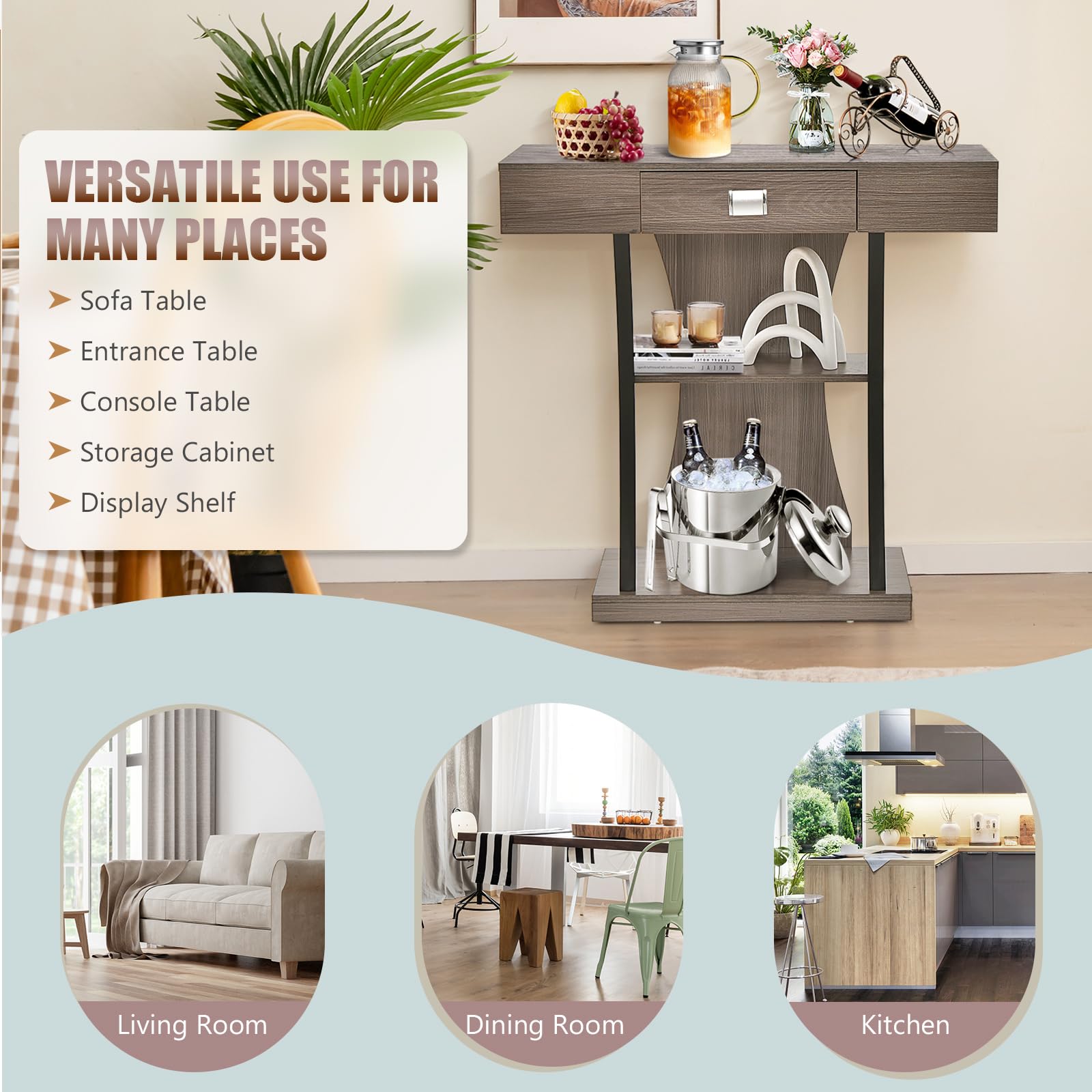 LIFEZEAL Mesa Consola de Madera con 3 Niveles (Gris)