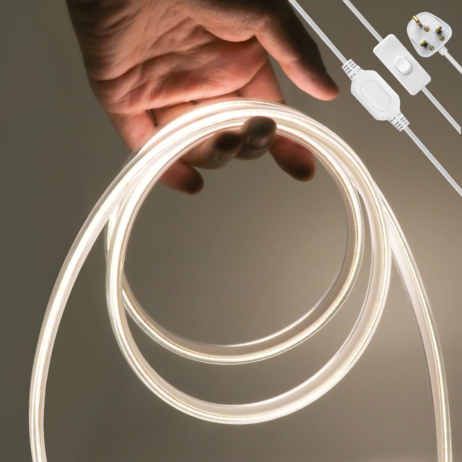 KAFULA 6M COB LED Light Strip with On/Off - 220V Super Bright FCOB LED Fairy Light CRI90+, IP65 Waterproof Flexible, Can be Cut Every 50cm | 360 LEDs/m || Natural White 4000K | Home Lighting