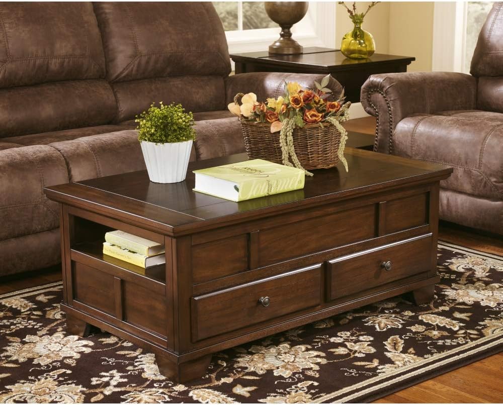 Signature Design by Ashley Gately Traditional Rectangular Lift Top Coffee Table with 2 Drawers and 2 Storage Cubbies, Brown