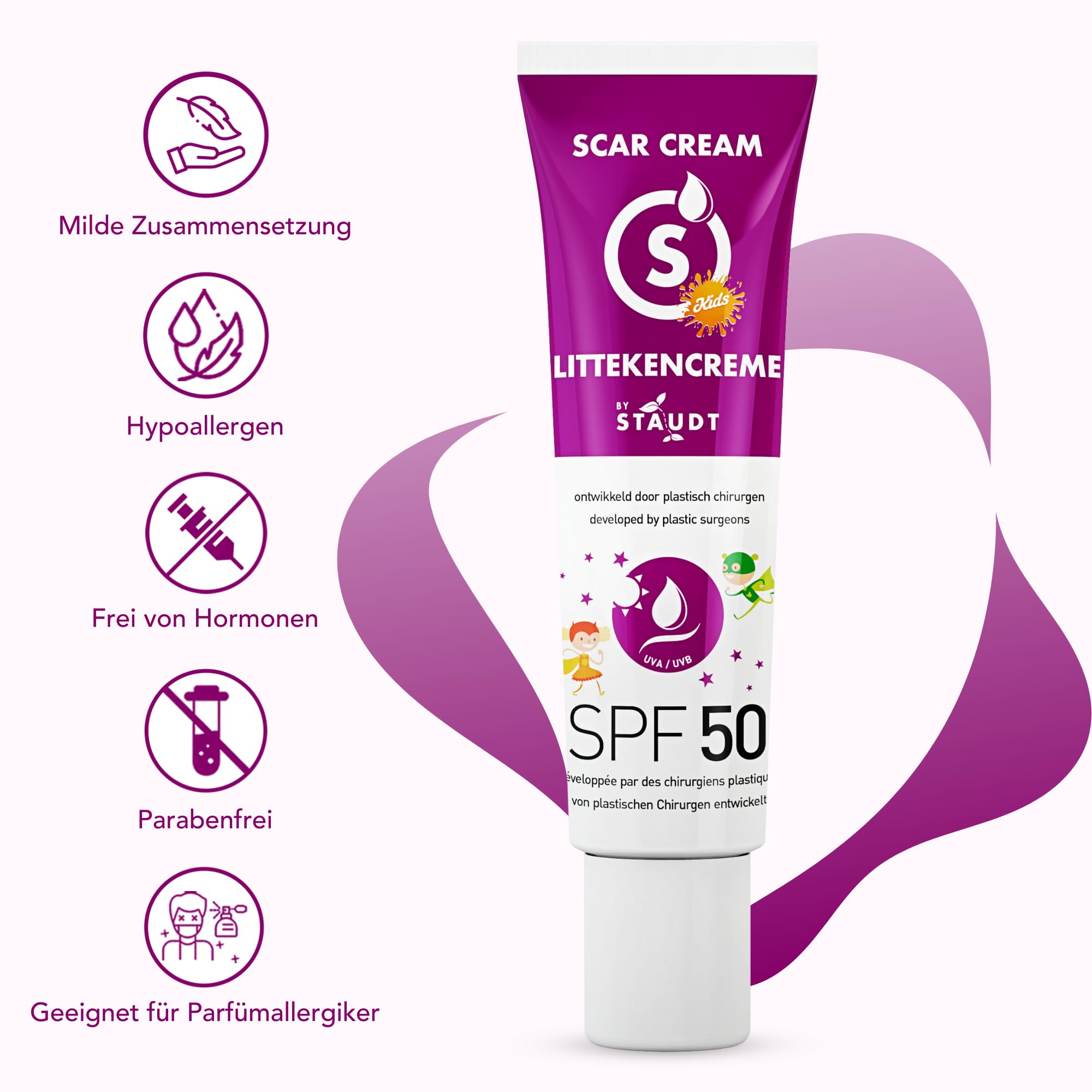 Staudt Kinder Narbensalbe SPF50 - Pädiatrisches Silicone Gel für empfindliche Haut - Hydratisierende Wund- und Heilsalbe mit Allantoin & Aloe Vera - UV-Schutz - 40ml