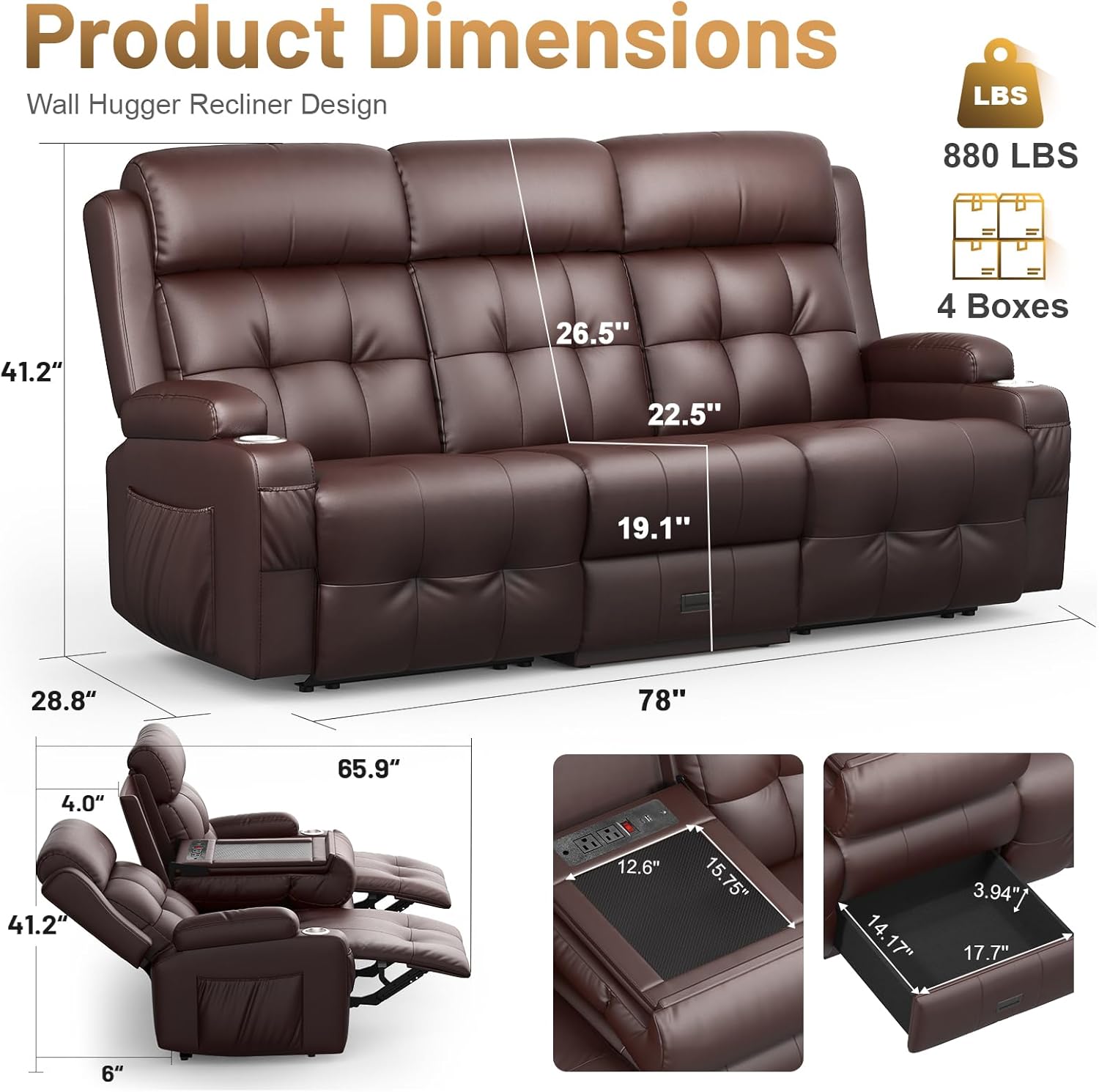 3-Seater Loveseat Recliner Sofa, RV Wall Hugger Home Theater Seating Reclining Couch with Flip-Down Backrest, LED Lights, Massage, Built-in Power Strip, Drawer & Cup Holders for RV & Living Room