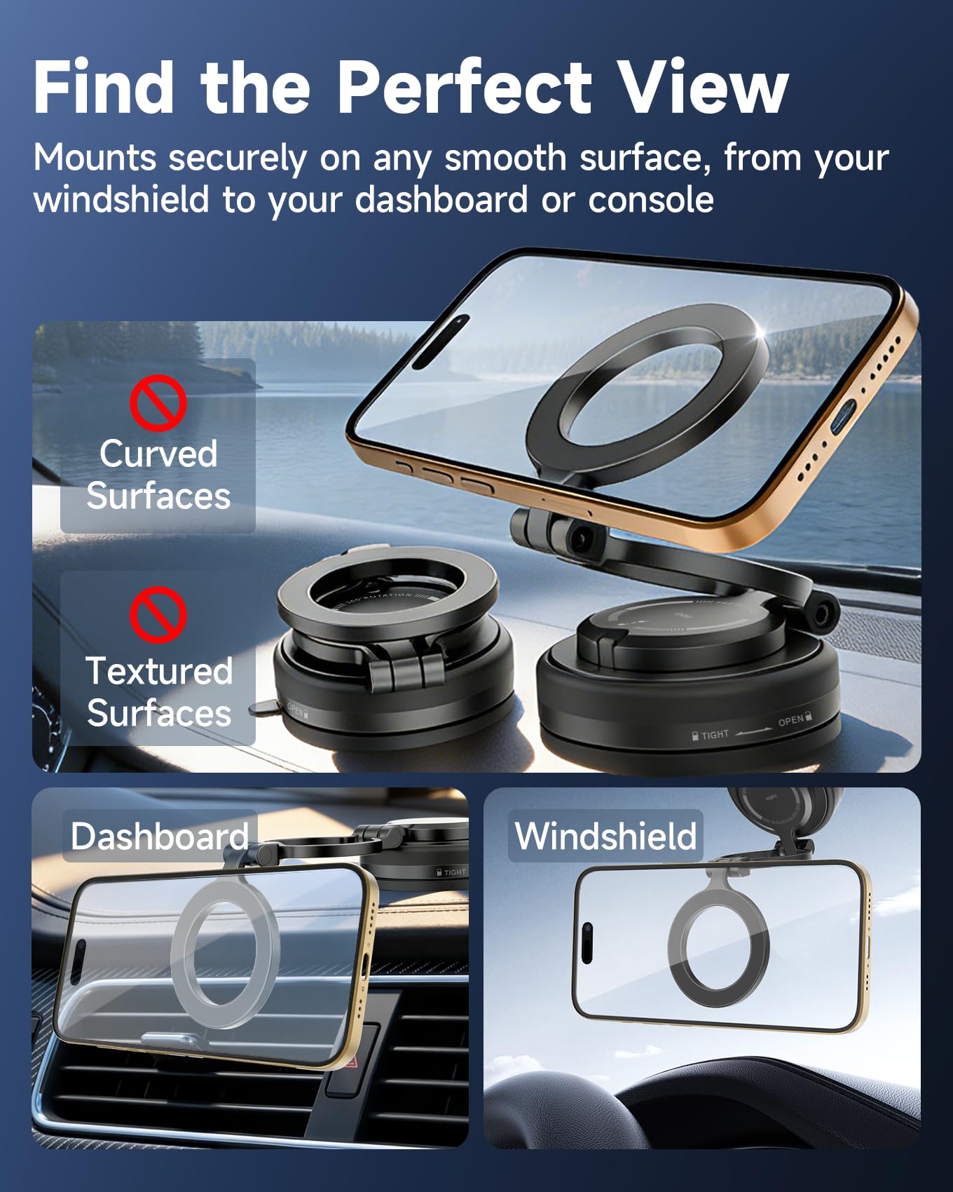 iOttie iTap 3 - Soporte magnético para teléfono con Ventosa al vacío, Soporte Plegable MagSafe para Coche con Ajuste de 4 Ejes, Fuerte Soporte para salpicadero y Parabrisas, Anillo de Metal para