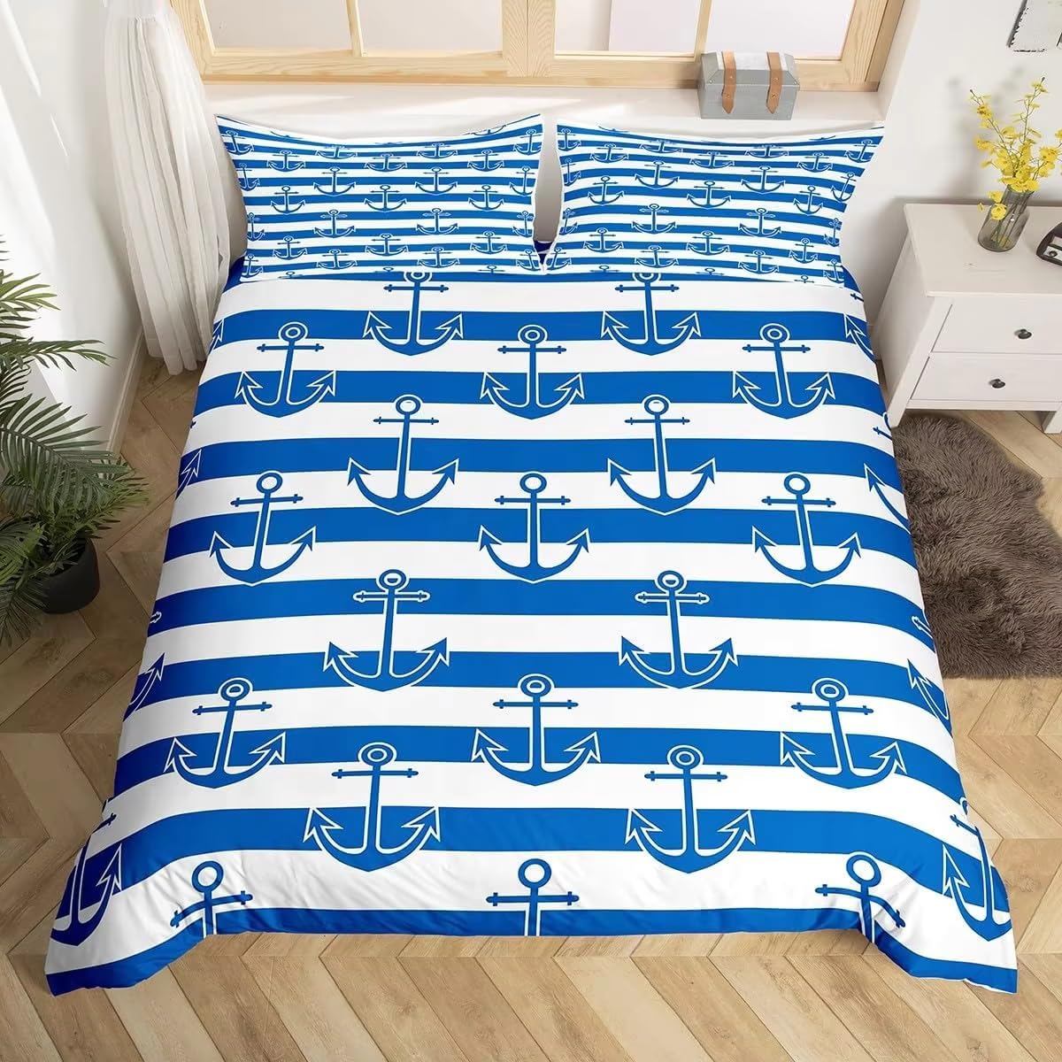 Ndxrwdzr Blue Nautical Anchor Double Duvet Cover Set Duvet Cover With Zipper Closure Bedding For Aldults Kids Soft Hypoallergenic Microfiber Quilt Cover 200X200 Cm + 2 Pillowcases 50X75 Cm