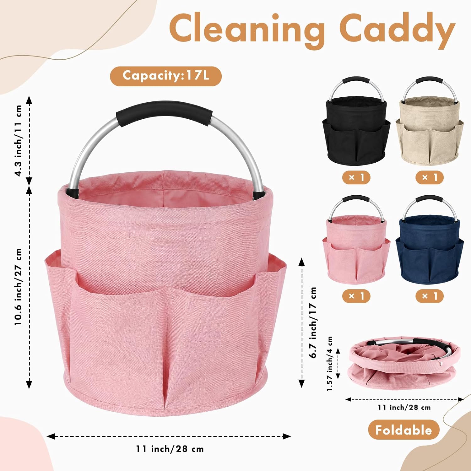 LemonRoad 4 Pack Cleaning Caddy with Handle 17L Foldable Cleaning Supplies Organizer Oxford Cloth Storage Basket with 6 Pockets Portable Multi Bucket Bag for Home Garden (Black,Beige,Navy Blue,Pink)
