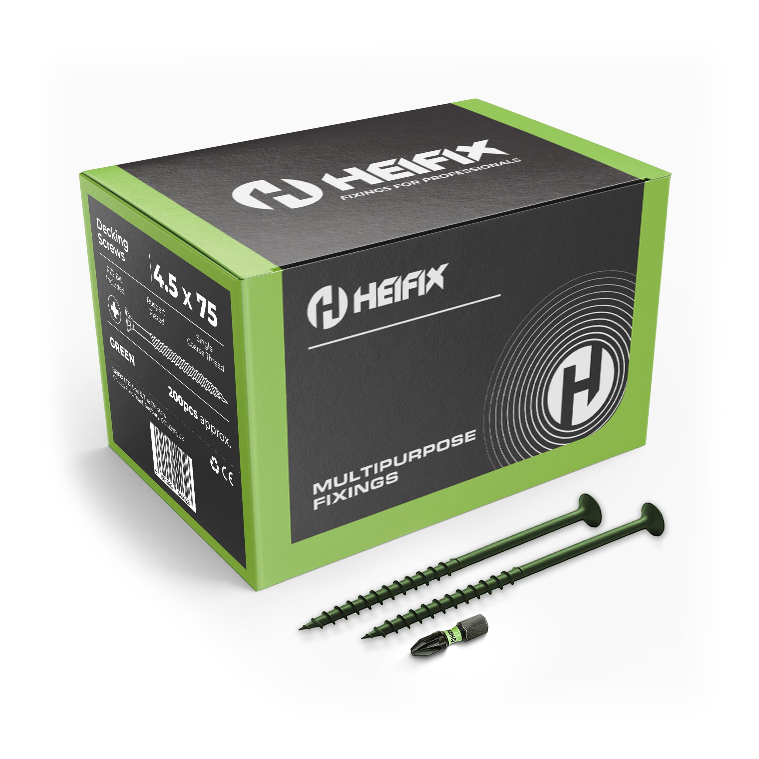 Heifix Decking Screws Pozi Countersunk - FREE Screw Bit Included (QTY 200, 4.5 x 75mm)