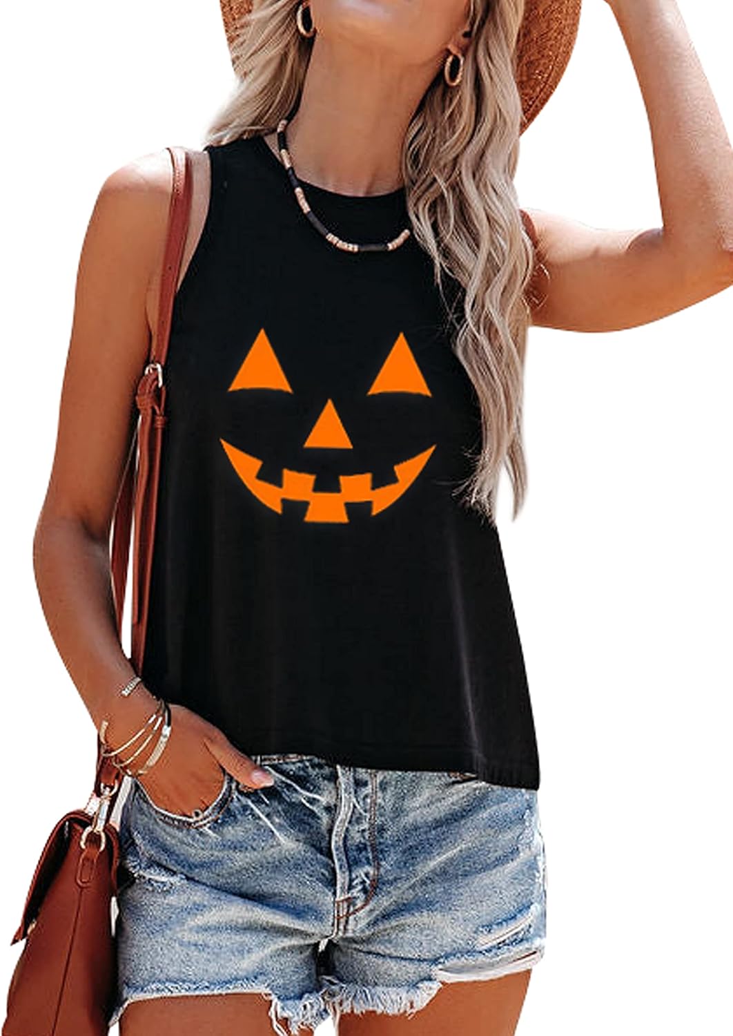 Mokoru Women's Funny Halloween Skeleton Pumpkin Skull Graphic Sleeveless Tank Top Shirts