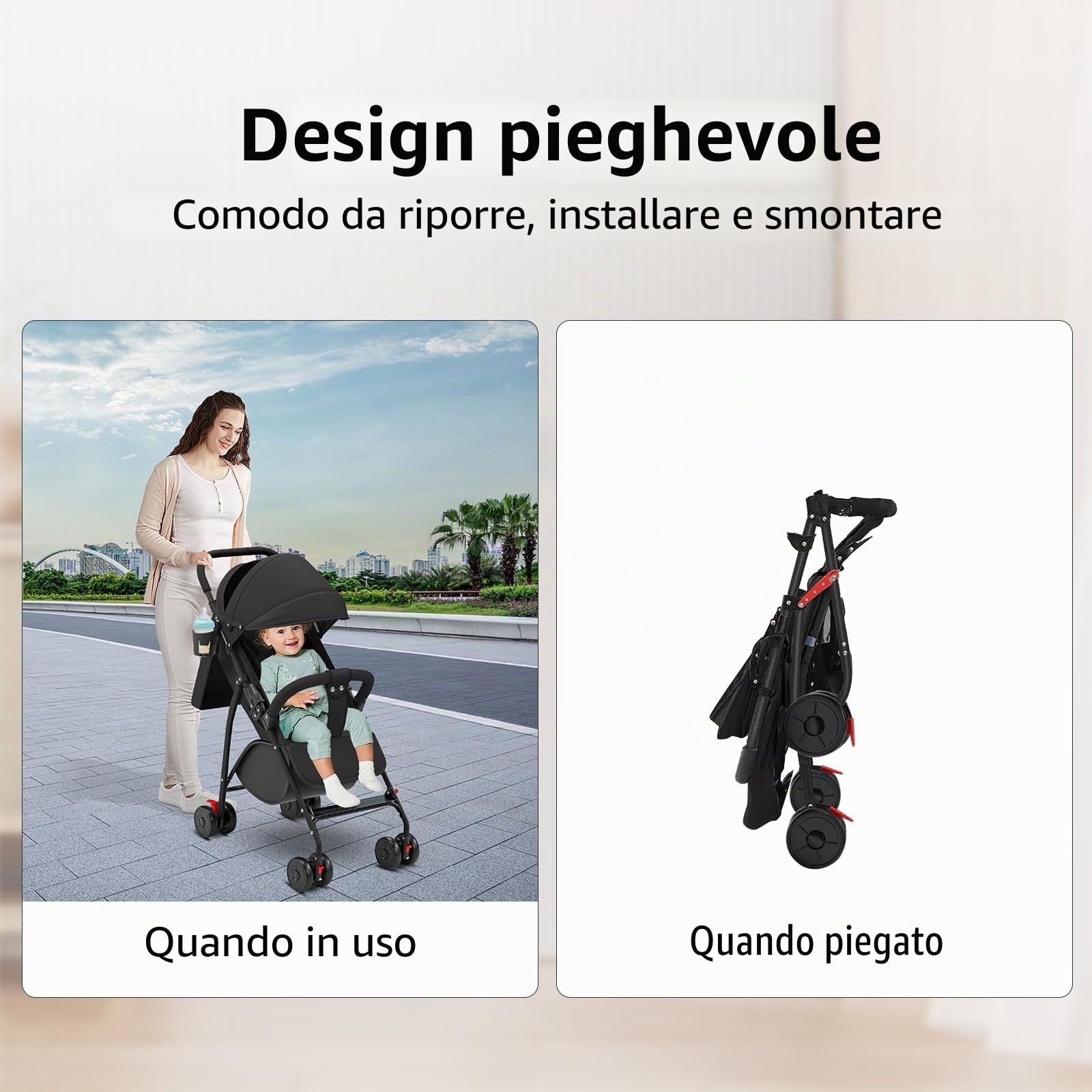 Passeggino pieghevole, da 0 a 4 anni (30 kg massimo), leggero (4,8 kg), regolazione dello schienale fino alla posizione sdraiata, uno spazio di archiviazione in basso, con cotone, porta