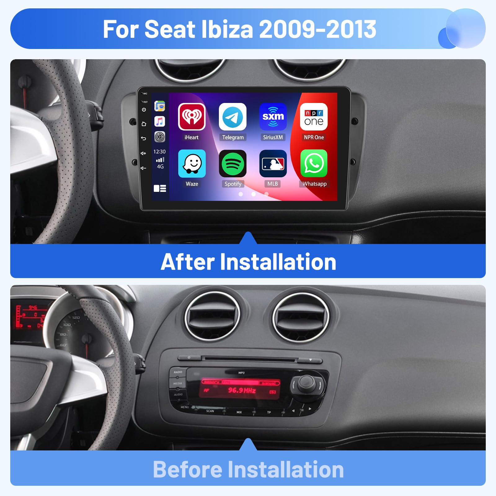 Autoradio Android 15 Seat Ibiza 2012-2015 - Écran 9 Pouces - CarPlay & Android Auto Sans Fil - GPS, Bluetooth, Caméra Recul - 4Go+64Go - 12