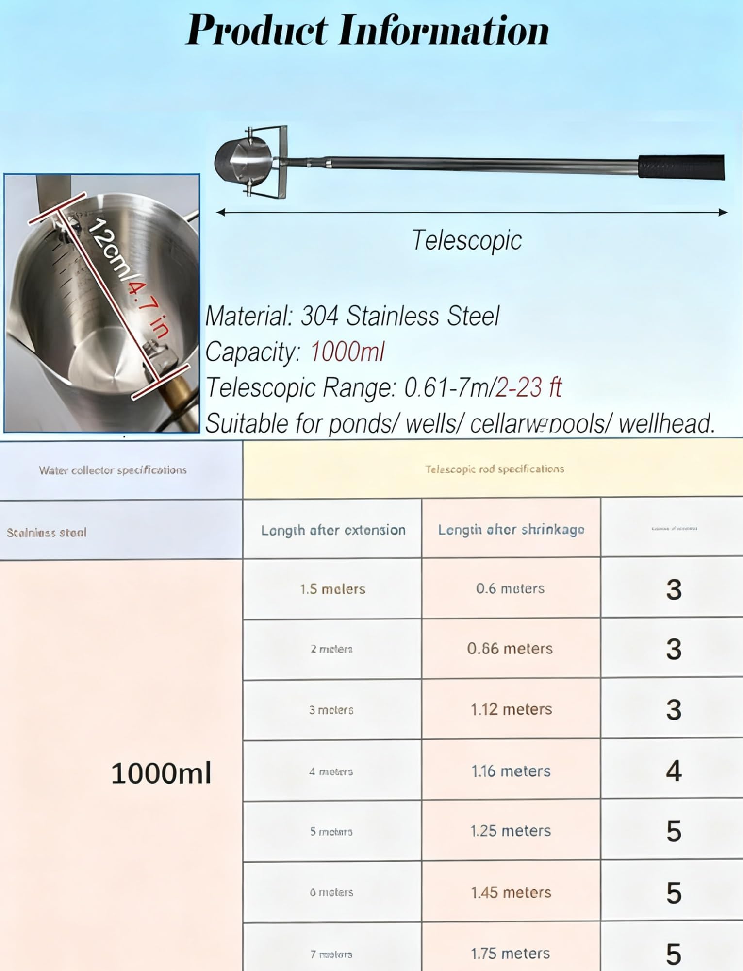 Muestreador de agua telescópico de 1000 ml. de cucharón de muestreo de agua, vaso de precipitados de acero inoxidable con varilla ligera, cucharón de péndulo for monitoreo ambiental y recolección de