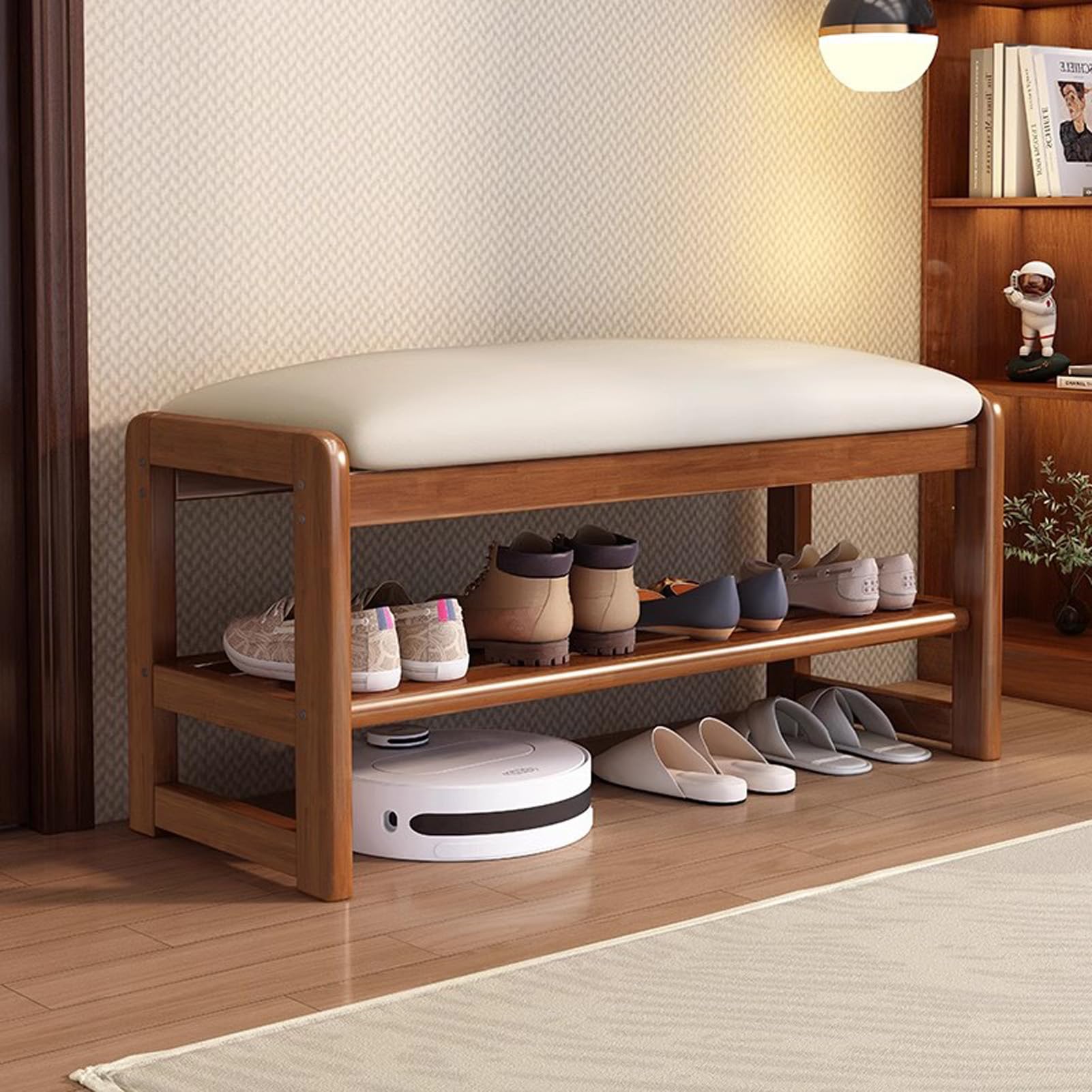 Banc à chaussures entrée avec siège rembourré cuir et rangement 2 niveaux