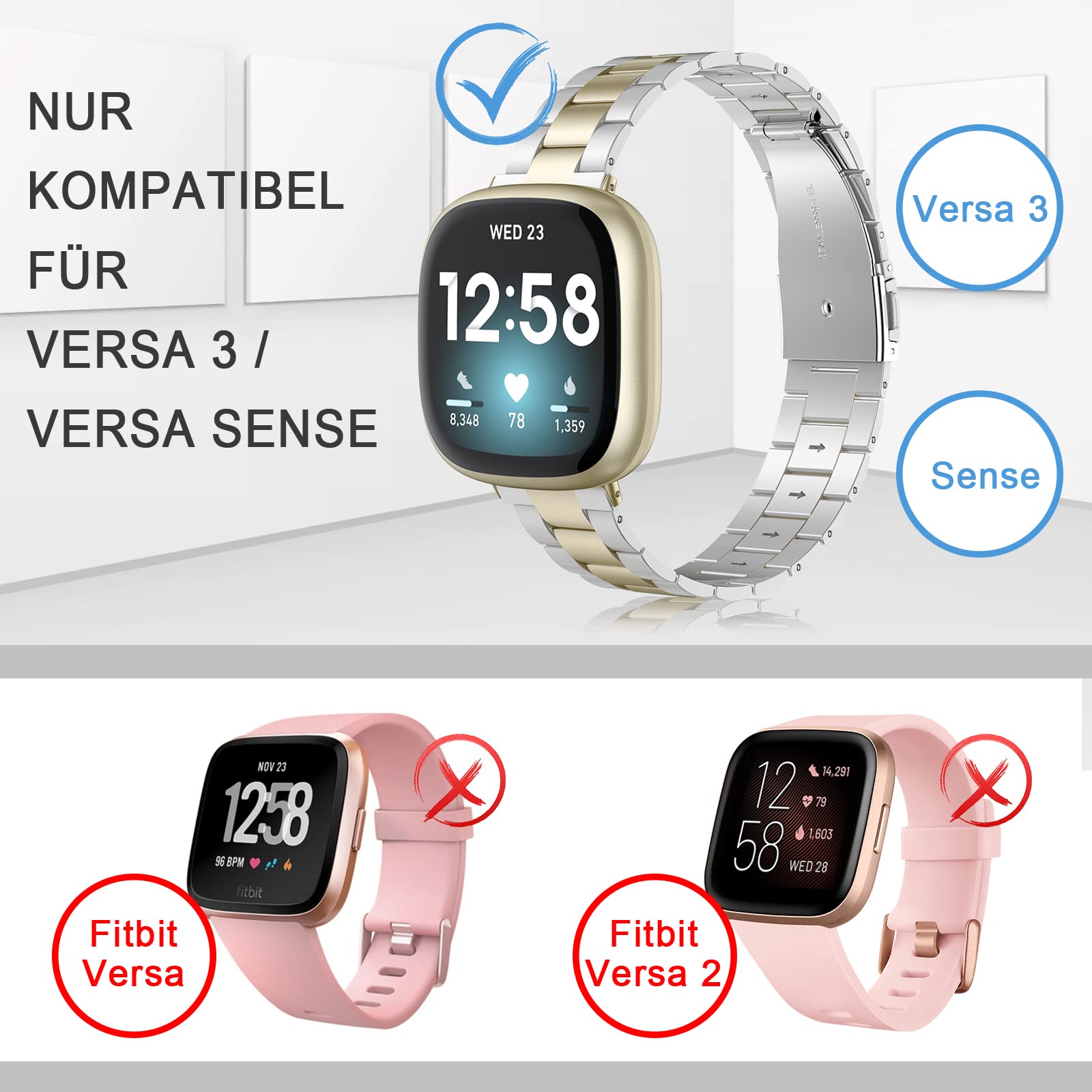 Edelstahl-Armband Für Fitbit Versa 4/3 & Sense 2/1 – Verstellbar, Silberfarben, Treibsand-Design