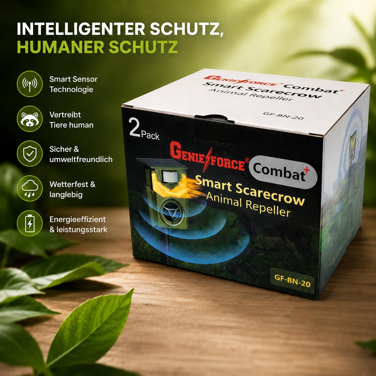 Genieforce® [2 Pack] Combat+ Smart Flammenlicht Ultraschall Tiervertreiber Tierabwehr Tierschreck gegen Katzen, Hunde, Marder, Fuchs, Vogel, Nager, Solar intelligente PIR-Sensoren - GF-BN-20