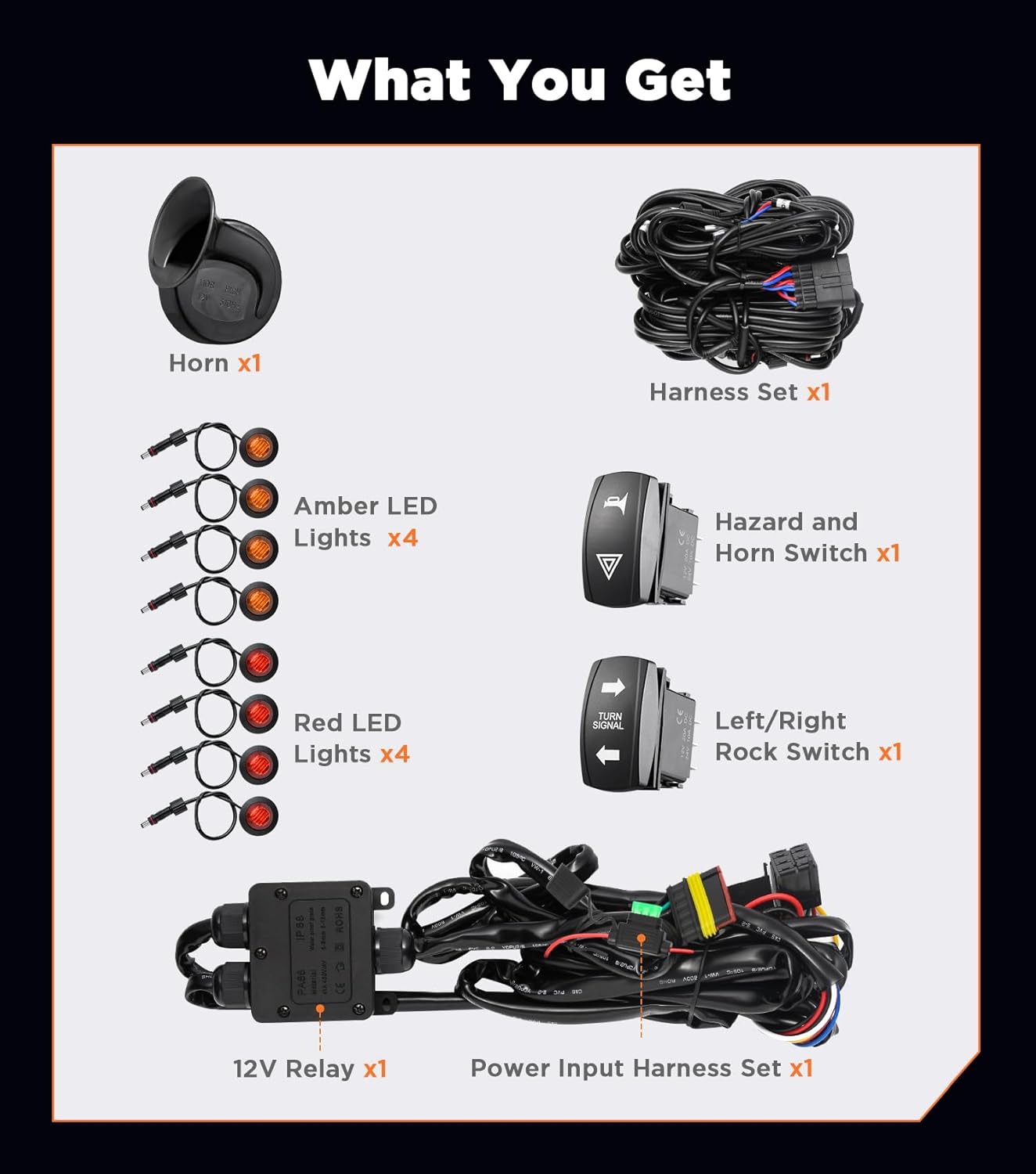 UTV ATV Turn Signal Kit with 110D Horn [Pre-Wired] [Plug & Play] UTV Universal Street Legal Kit with Hazard light, Blinker Kit with Rocker Switch Compatible With Polaris RZR Can-Am CFMOTO