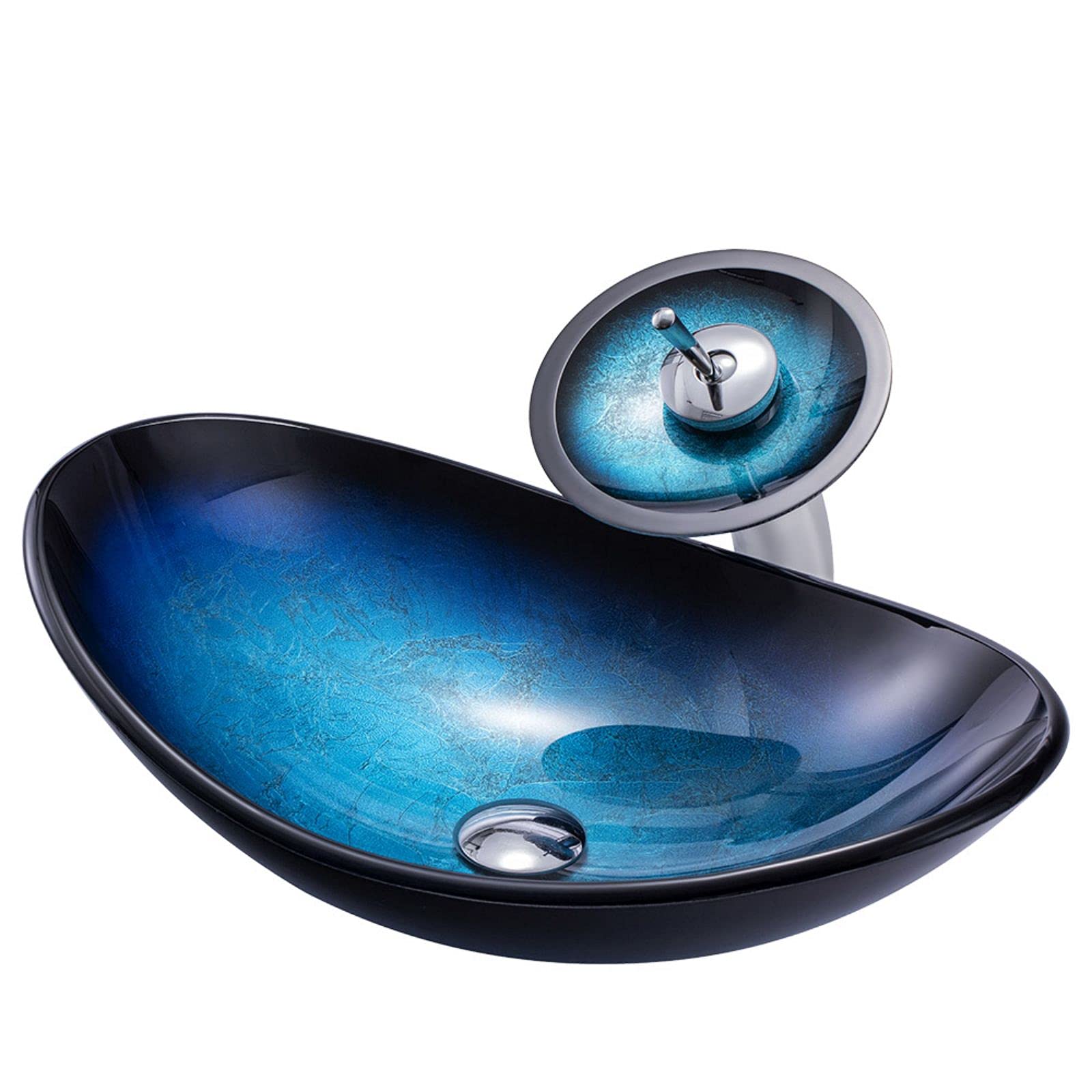 Lavabo de baño Vanity Lavabo de baño de encimera de Vidrio Templado con desagüe Combo Lavabo de tocador Lavabo Ovalado Lavabo de Recipiente, sin Grifo