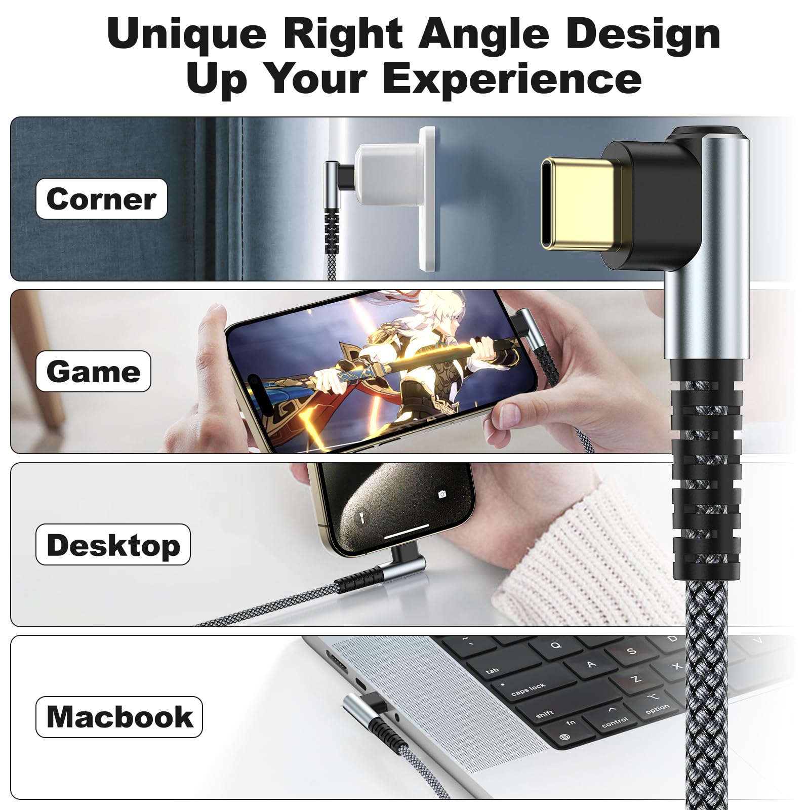 Confezione da 3 cavi da USB C a USB C da 60 W, cavo di ricarica rapida intrecciato da tipo C a tipo C, cavo di ricarica ad angolo retto da USB C a USBC per iPhone 17, 16, 15 Pro Max Plus, Galaxy S25