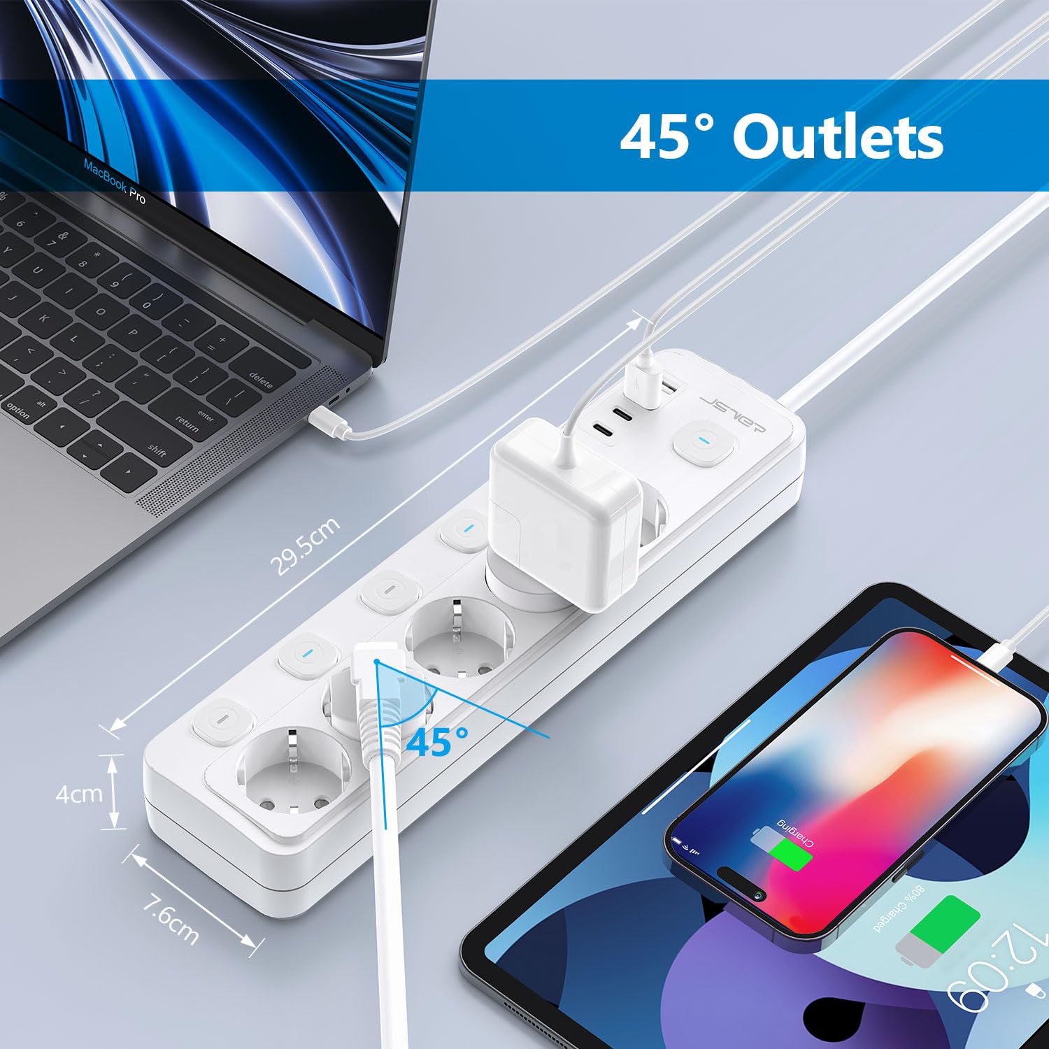 JSVER Enchufe con 5 Tomas y 4 Puertos USB, Regleta con Interruptor Individual, Alargador Múltiple con 2 USB A y 2 USB C, Cable 2m - Blanco — view 5
