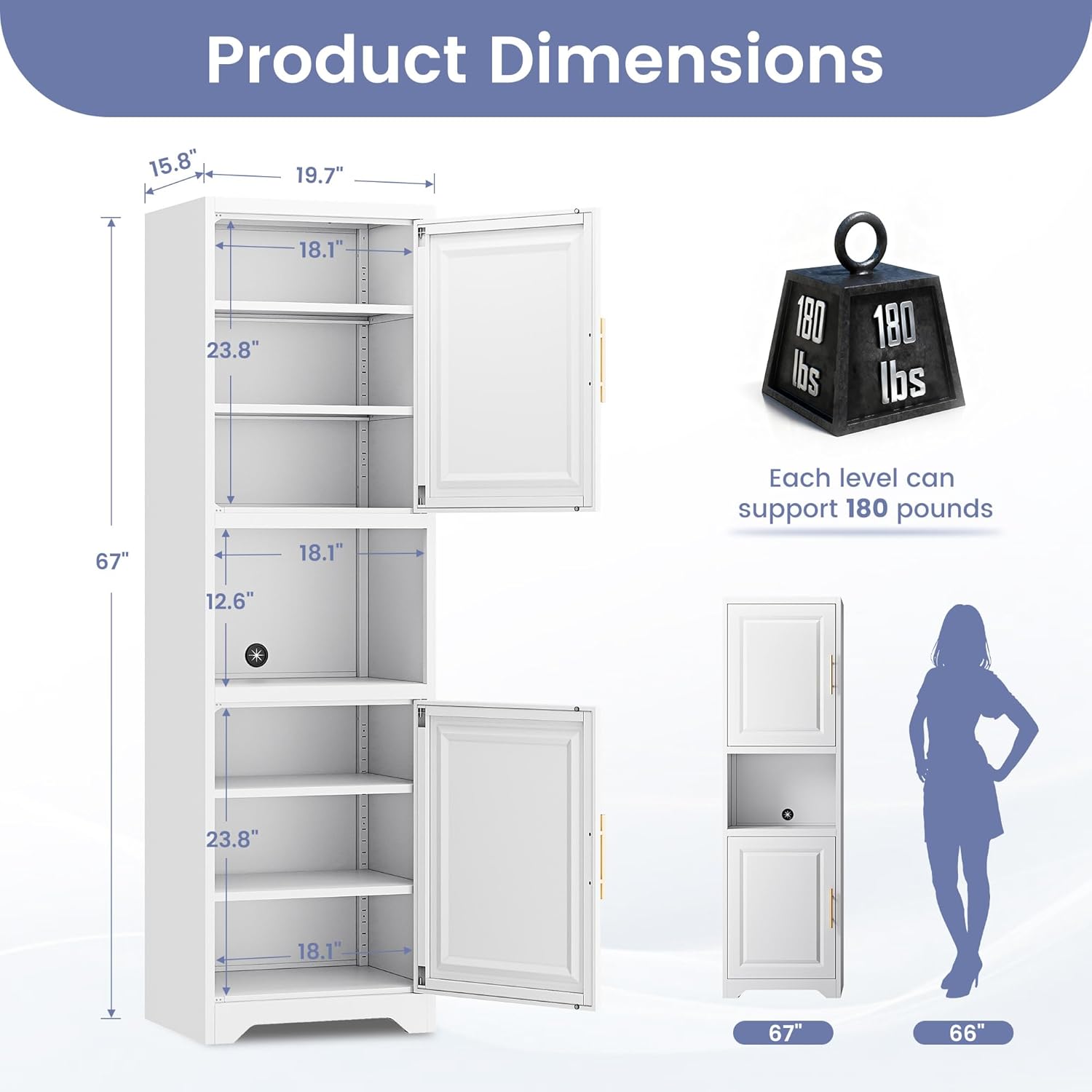 Tall Narrow Storage Cabinet Metal Pantry Cabinet with 2 Doors and 4 Adjustable Shelves, Slim Storage Cabinet for Small Space, Apartment, Bathroom, Kitchen, Laundry, White
