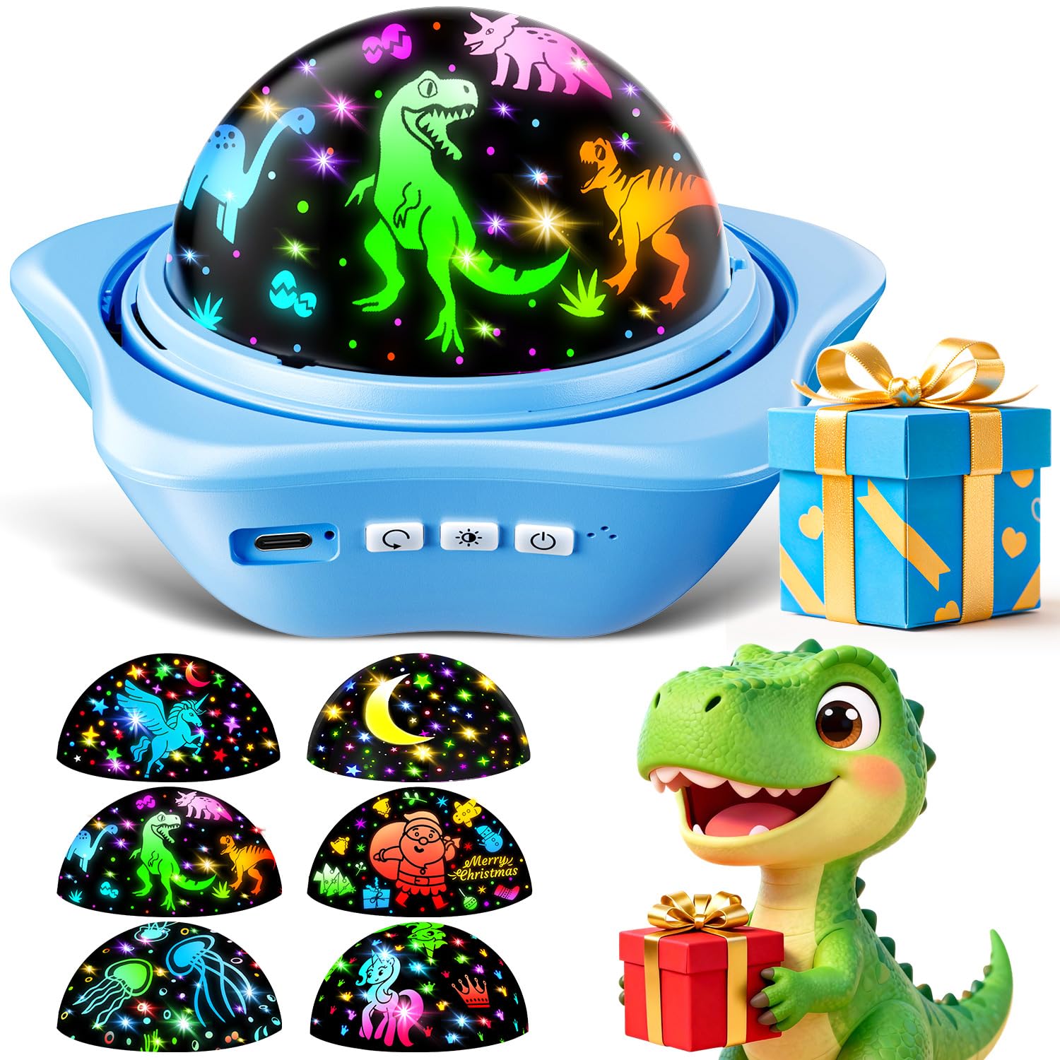 One Fire [Caja de Regalo] Proiettore Stelle Soffitto, 90 Modalità Luce Notturna Bambini, 6 Film 360° Lampada Proiettore, Ricaricabile Lampada Notturna Proiettore Soffitto Regalo Battesimo Bambina
