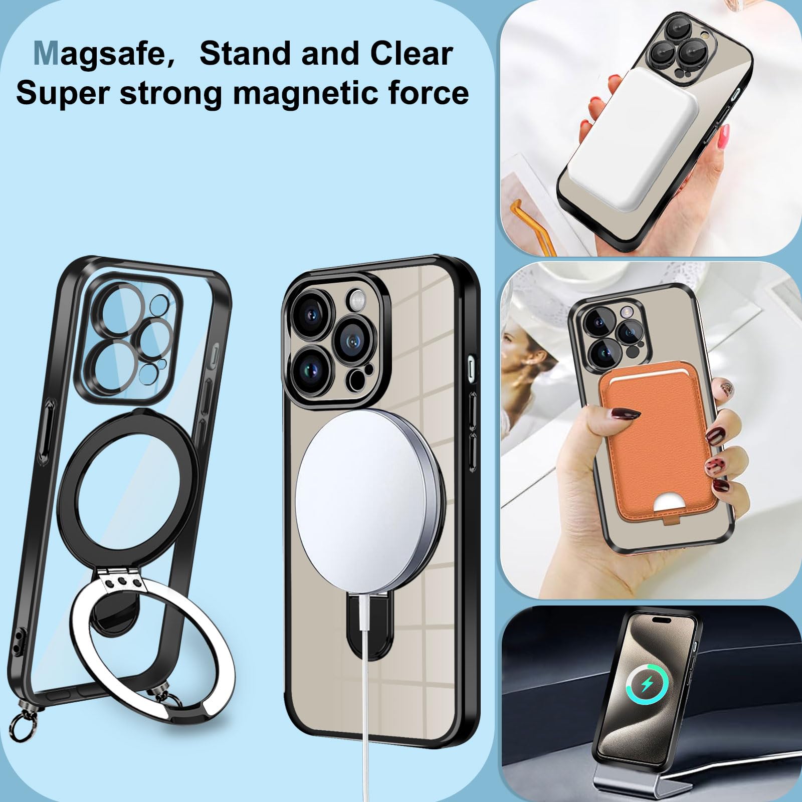 Cover Magnetica per iPhone 15 Pro Max con Cordino Compatibile con MagSafe,Elettrolitica Antiurto Custodia con Tracoll Ricarica Wireless Silicone Cover con Laccio Case con Cellulare con Ring Kickstand