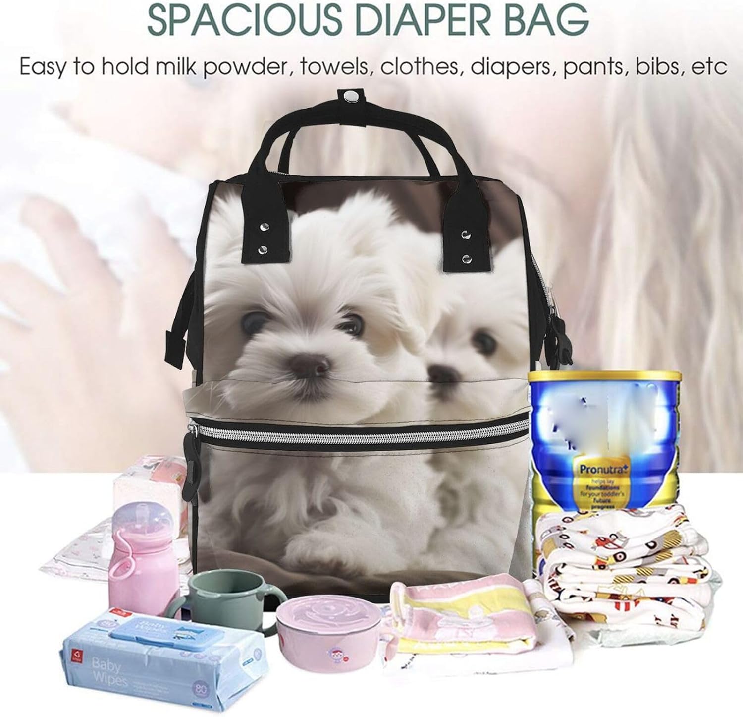 Cute Maltese Puppy Diaper Bag Backpack Mommy Bag Multifunction Travel Maternity Baby Changing Bags image 5