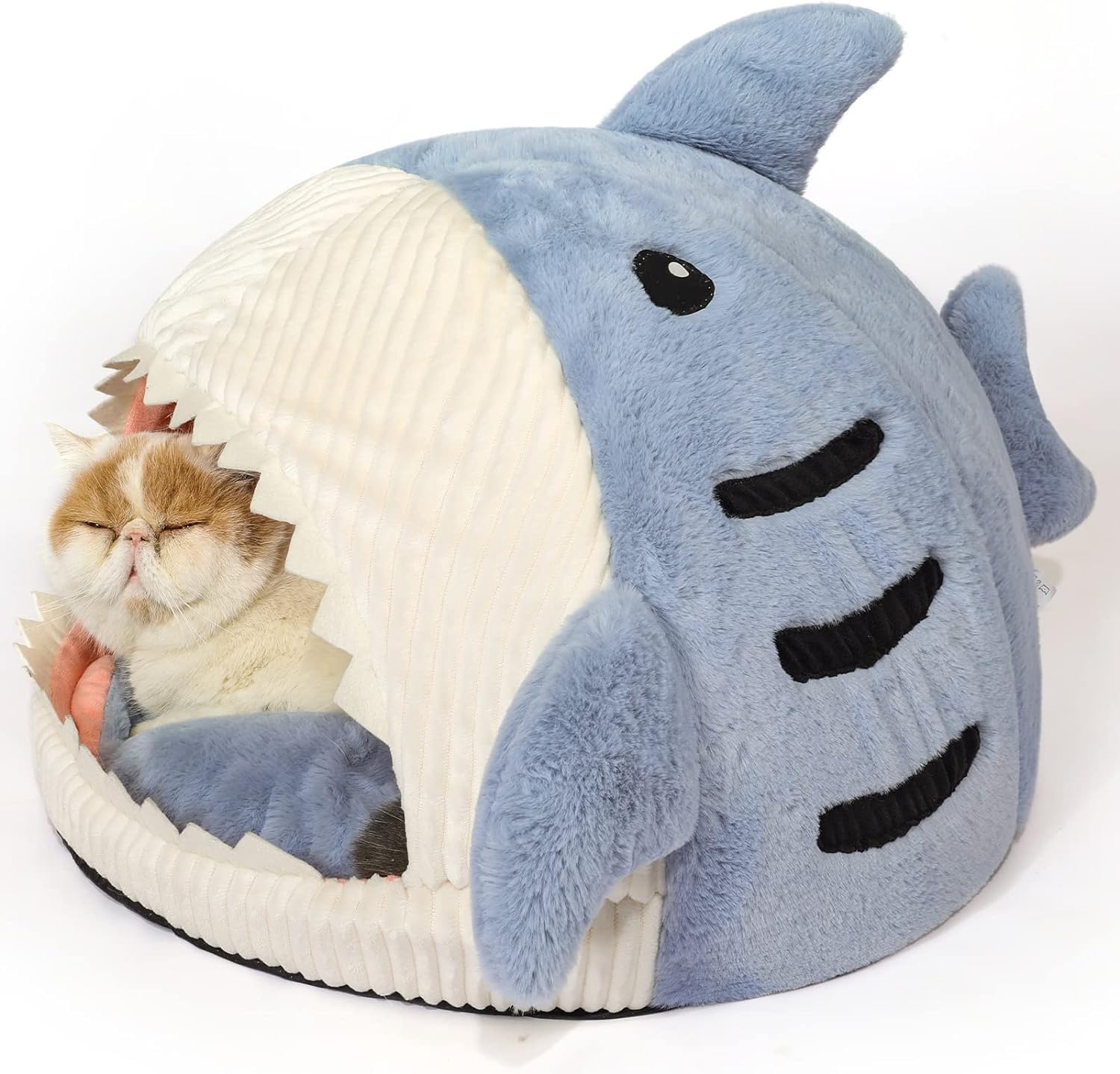 سكيهد سرير قطط ناعم لطيف، كهف دافئ للقطط على شكل سمكة قرش مع وسادة قابلة للازالة والغسل للكلاب الاليفة (رمادي فاتح، L)