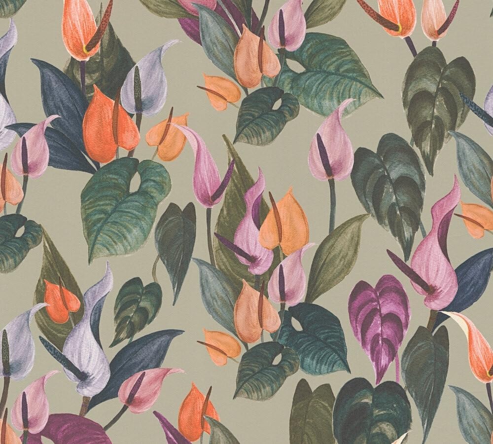 Livingwalls Anna D'Andrea 782102 Non-Woven Wallpaper Floral 10.05 m x 0.53 m - Grey, Green, Blue, Purple, Colourful - Wallpaper Leaves